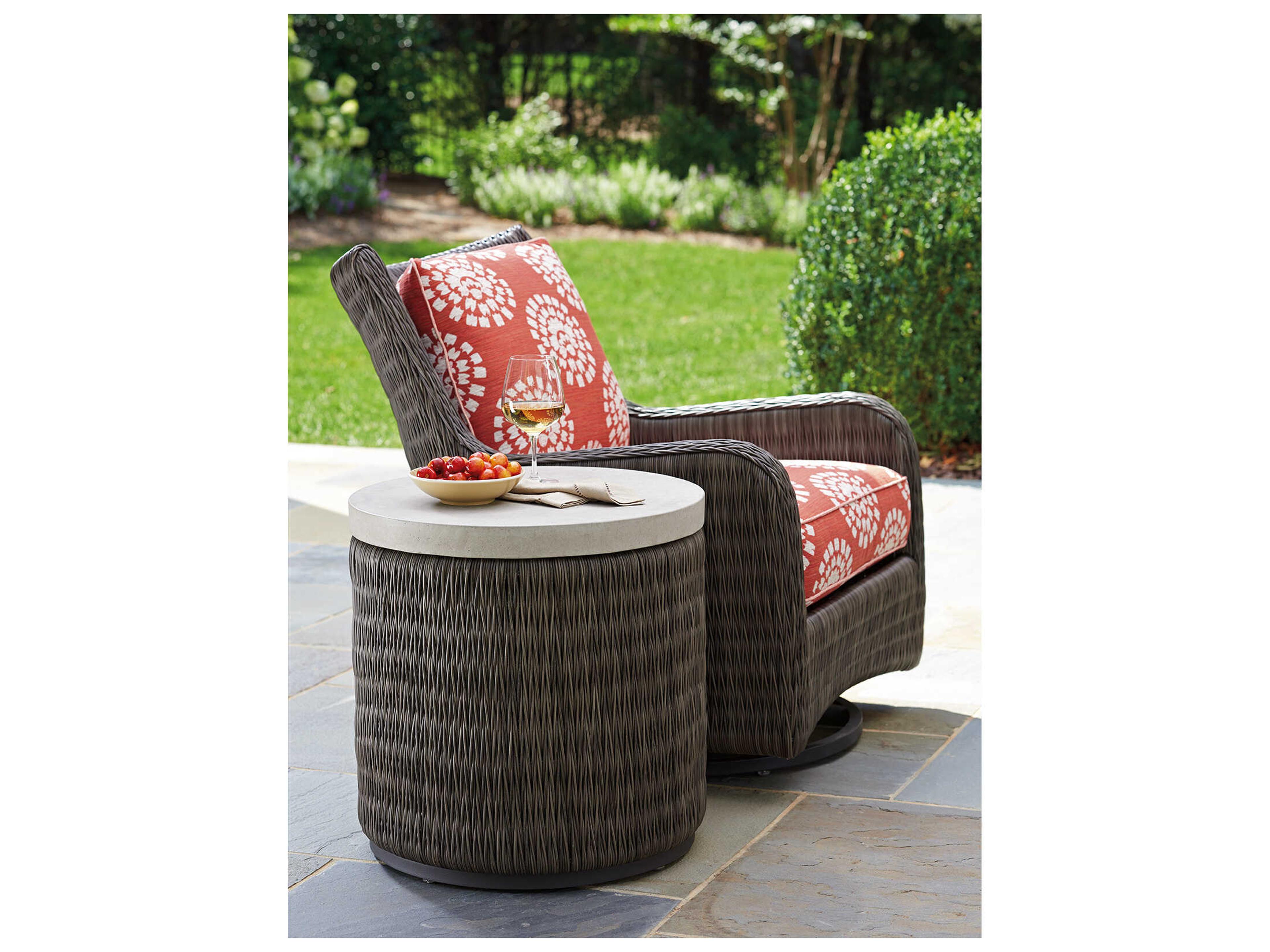 Tommy Bahama Outdoor Cypress Point Ocean Terrace Wicker Round End Table with Weatherstone Top