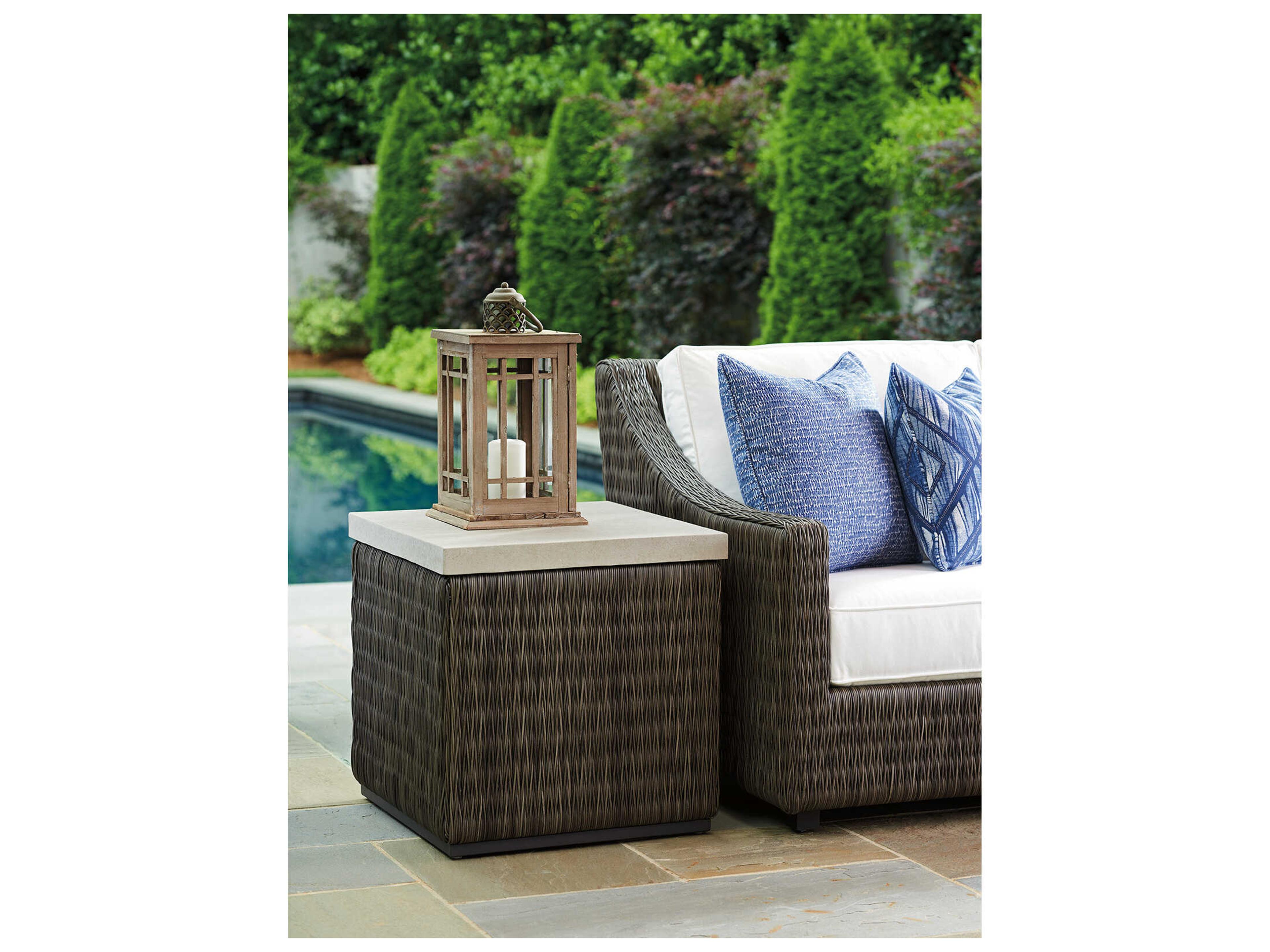 Tommy Bahama Outdoor Cypress Point Ocean Terrace Wicker Square End Table with Weatherstone Top