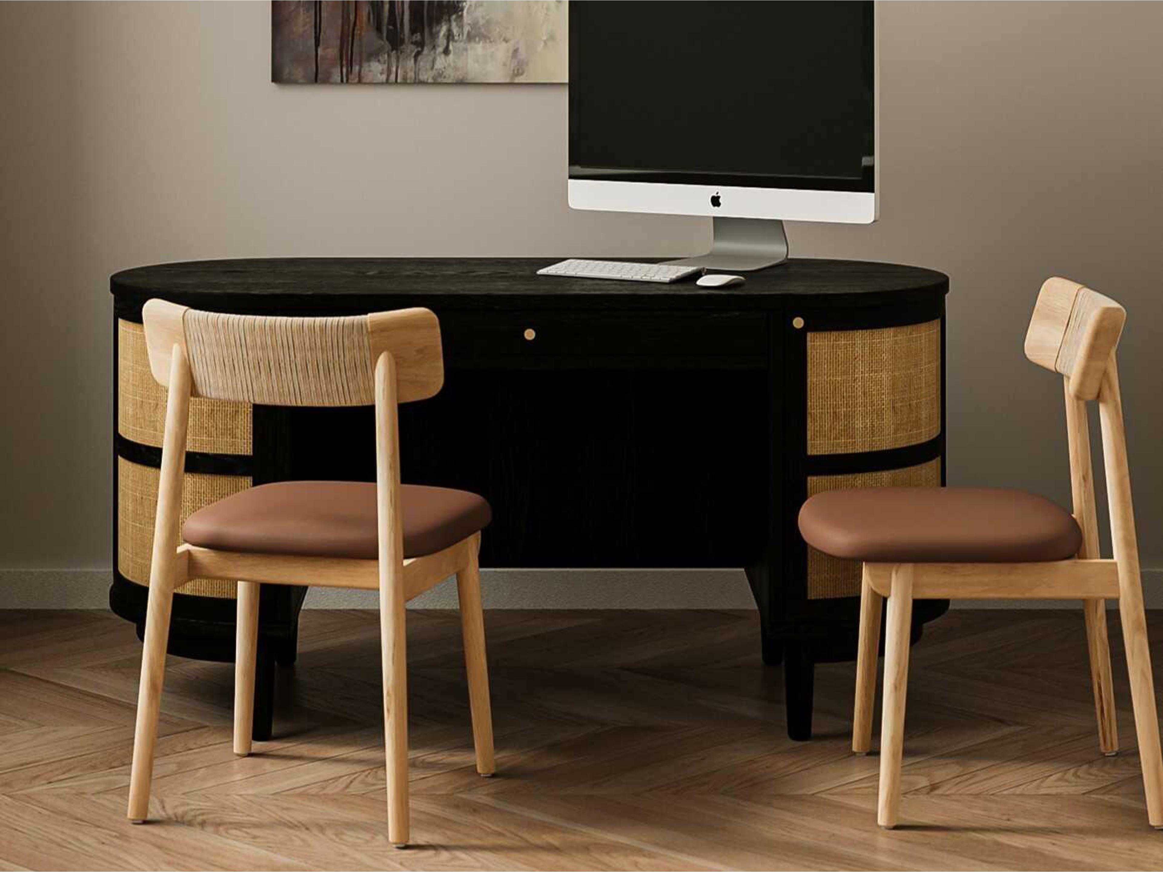 Union Home Converse Oak Wood Natural Leather Armless Dining Chair Set of 2