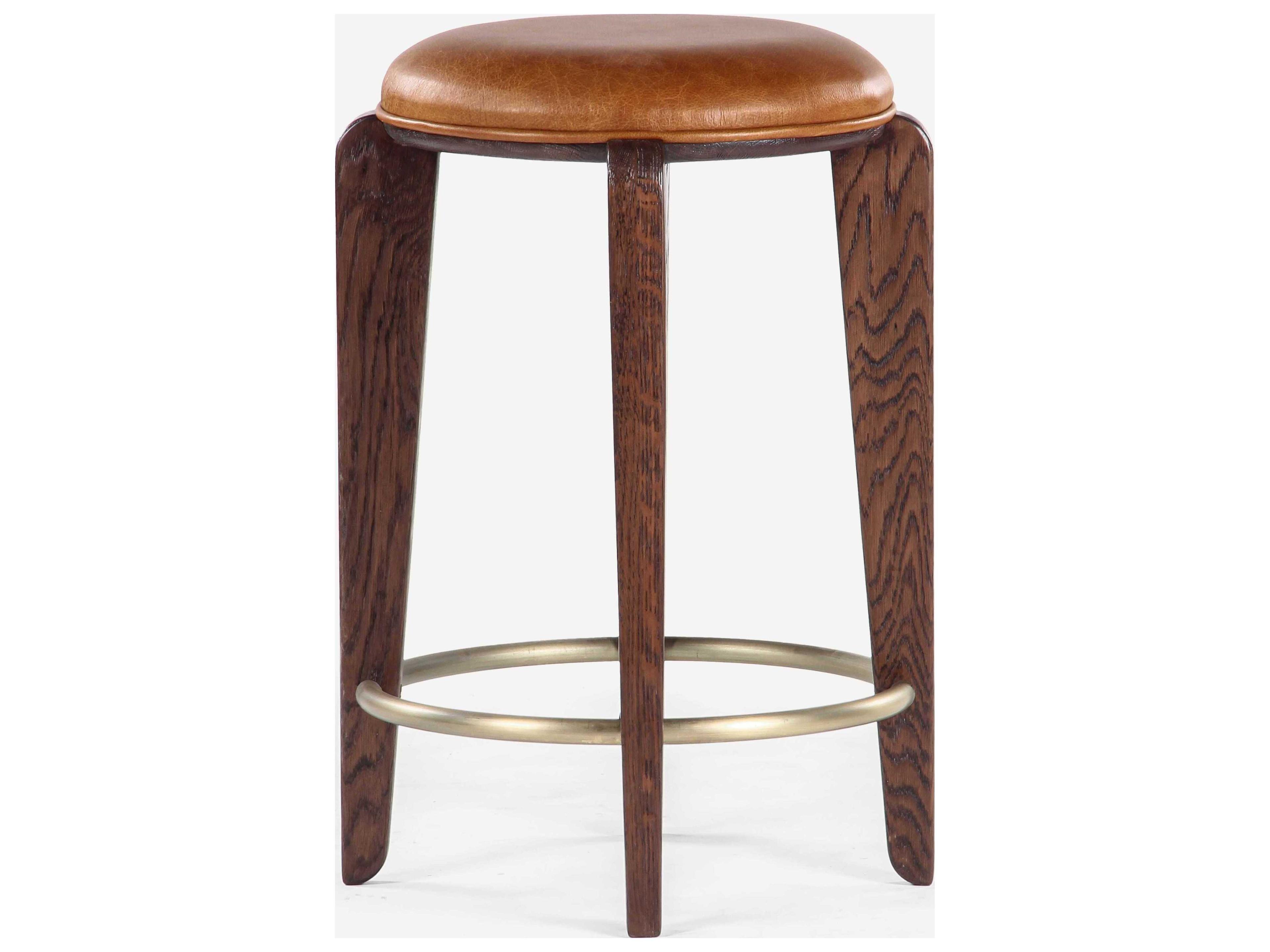 Union Home Quattro Mud Brown Champagne Brass Leather Oak Wood Counter Stool