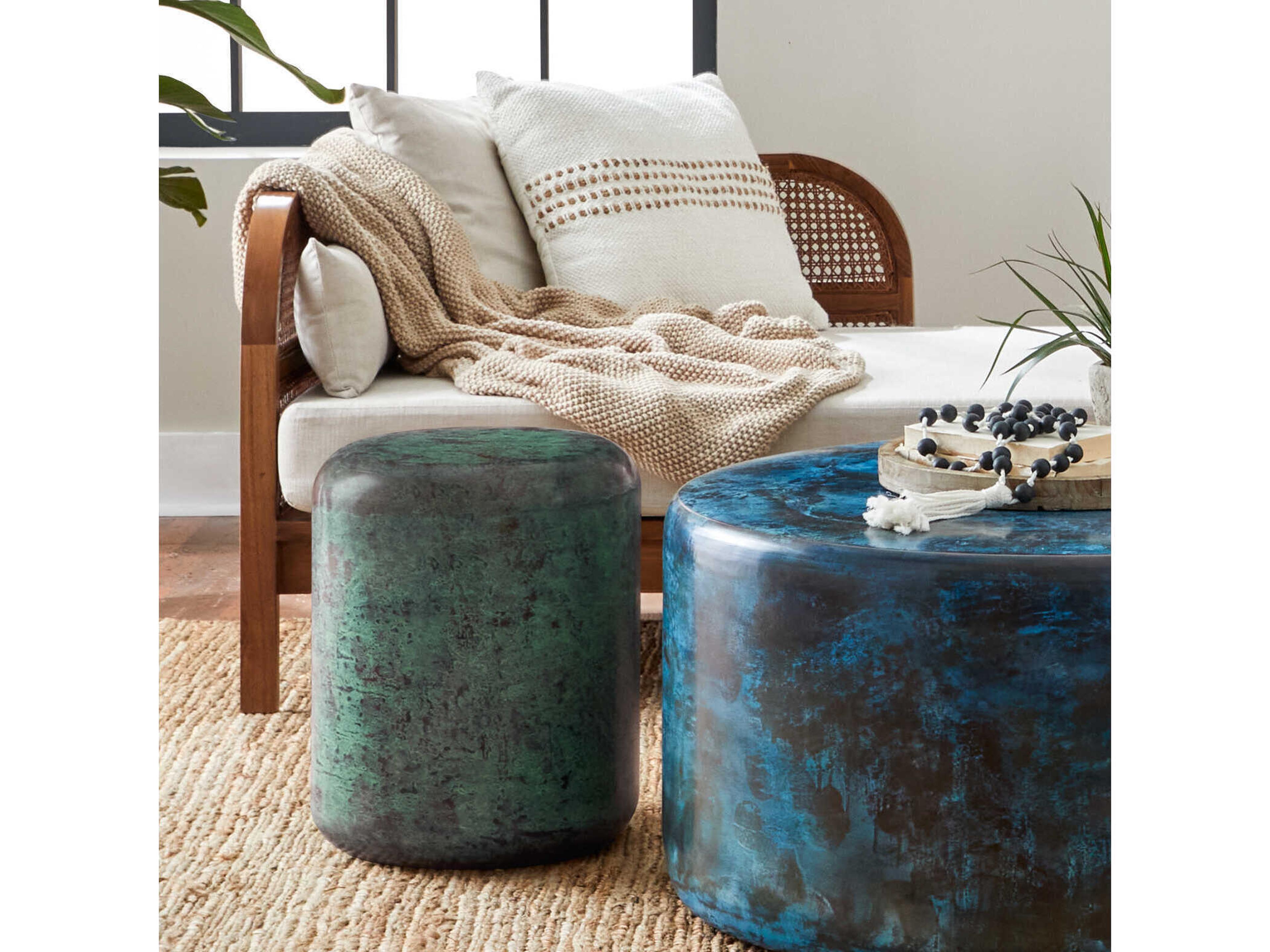 Union Home Moon Round Metal Green Patina End Table