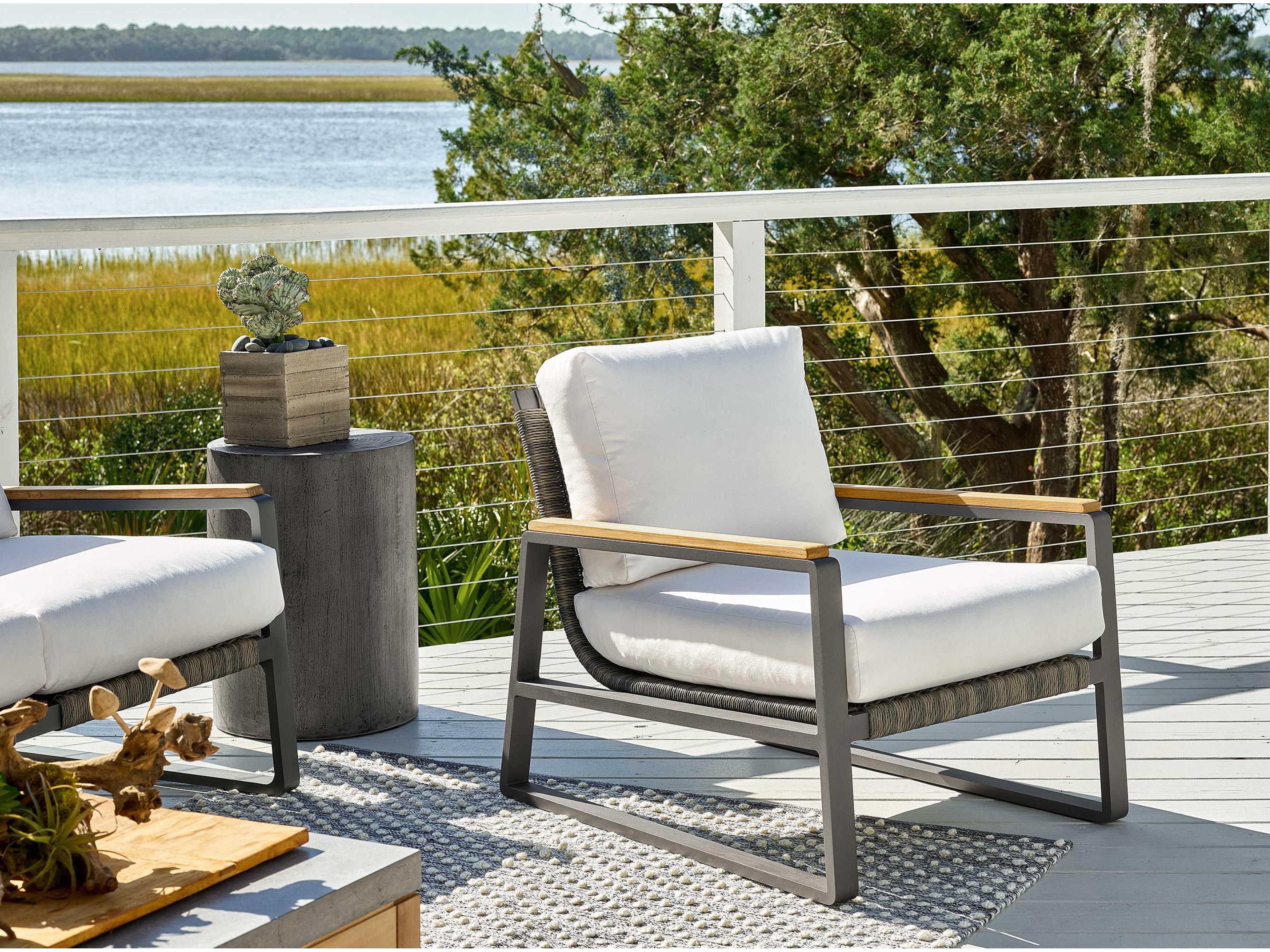 Coastal Living Outdoor Quick Ship San Clemente Natural Teak / Carbon Aluminum Brindle Wicker Cushion Lounge Chair