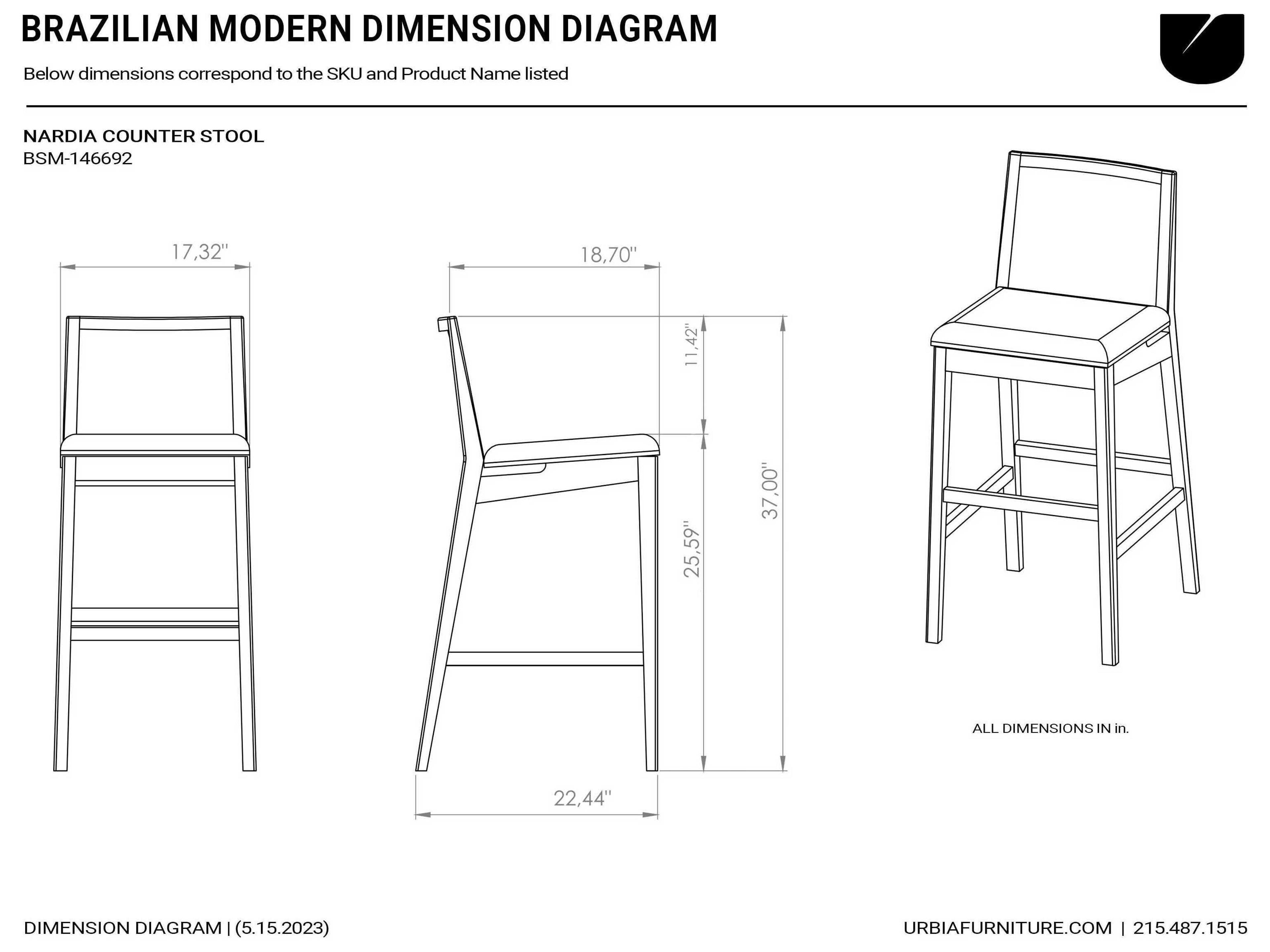 Urbia Modern Brazilian Crafted Nardia Glaze Nevoa Natural Upholstered Counter Stool