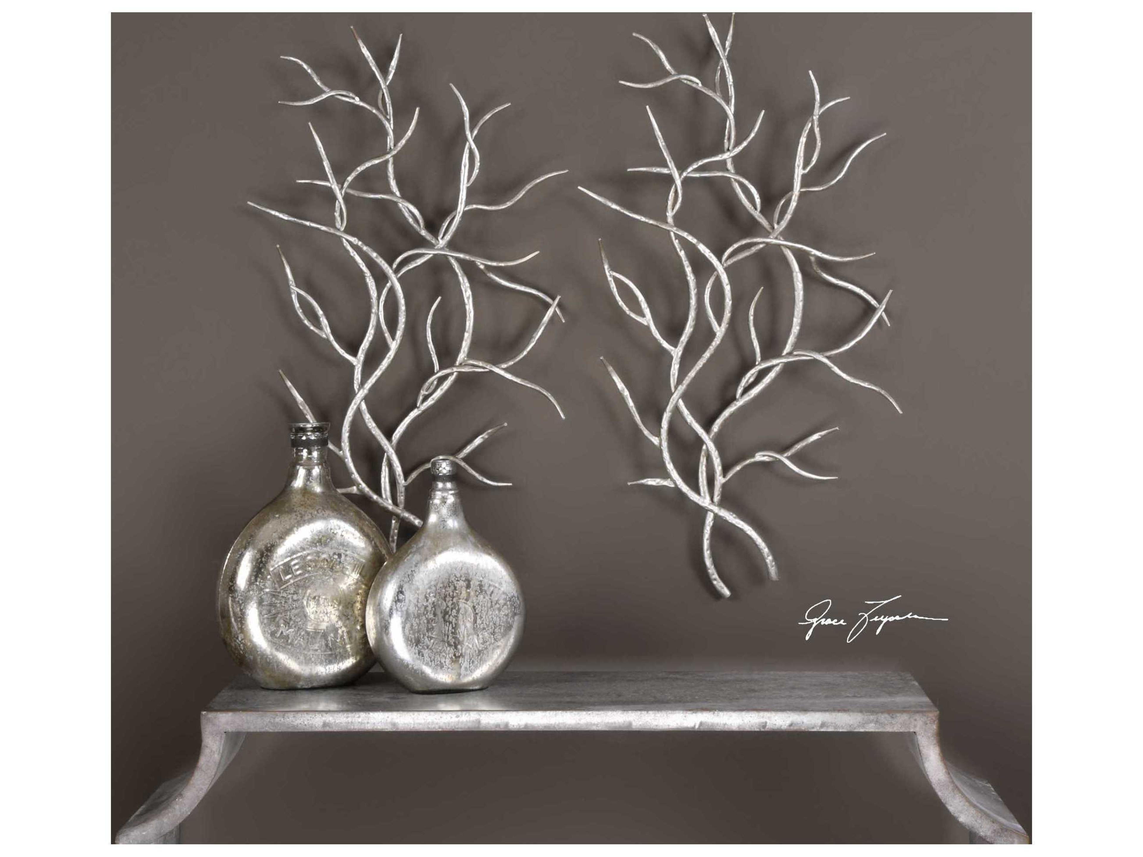 Uttermost Bright Silver Leaf Branches Wall Art Set of 2