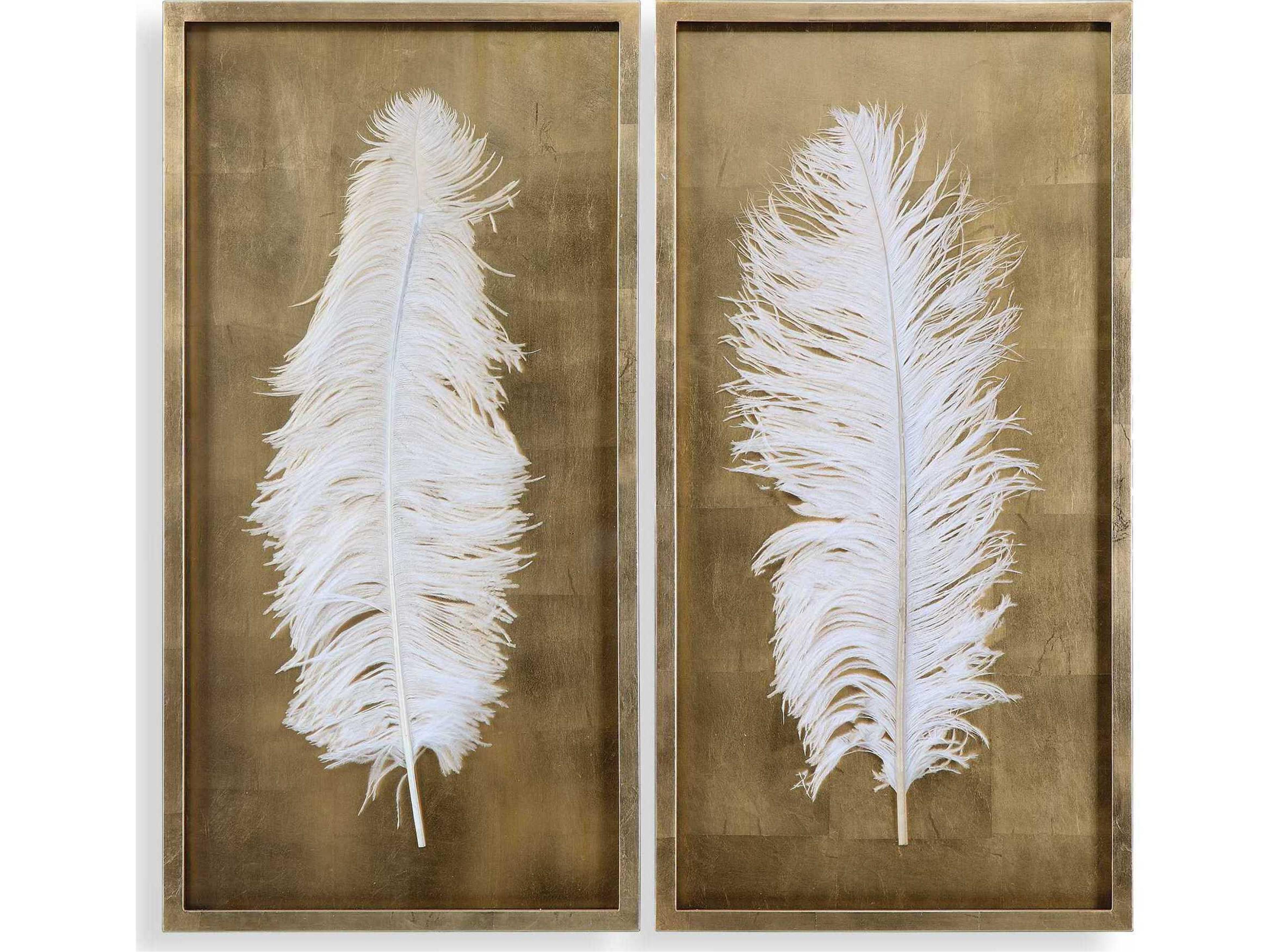 Uttermost White Feathers & Gold Leaf Shadow Box Set of 2