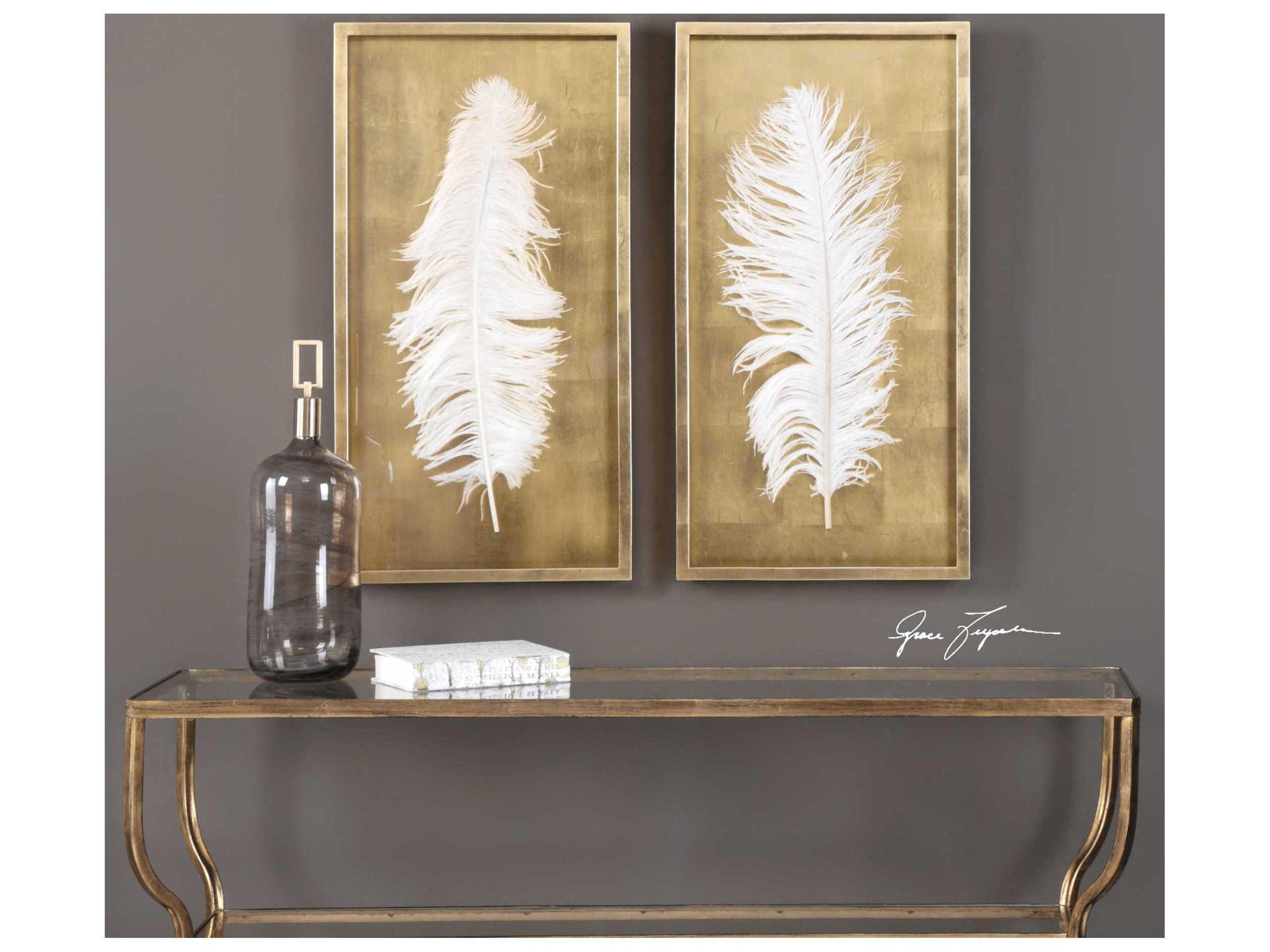 Uttermost White Feathers & Gold Leaf Shadow Box Set of 2