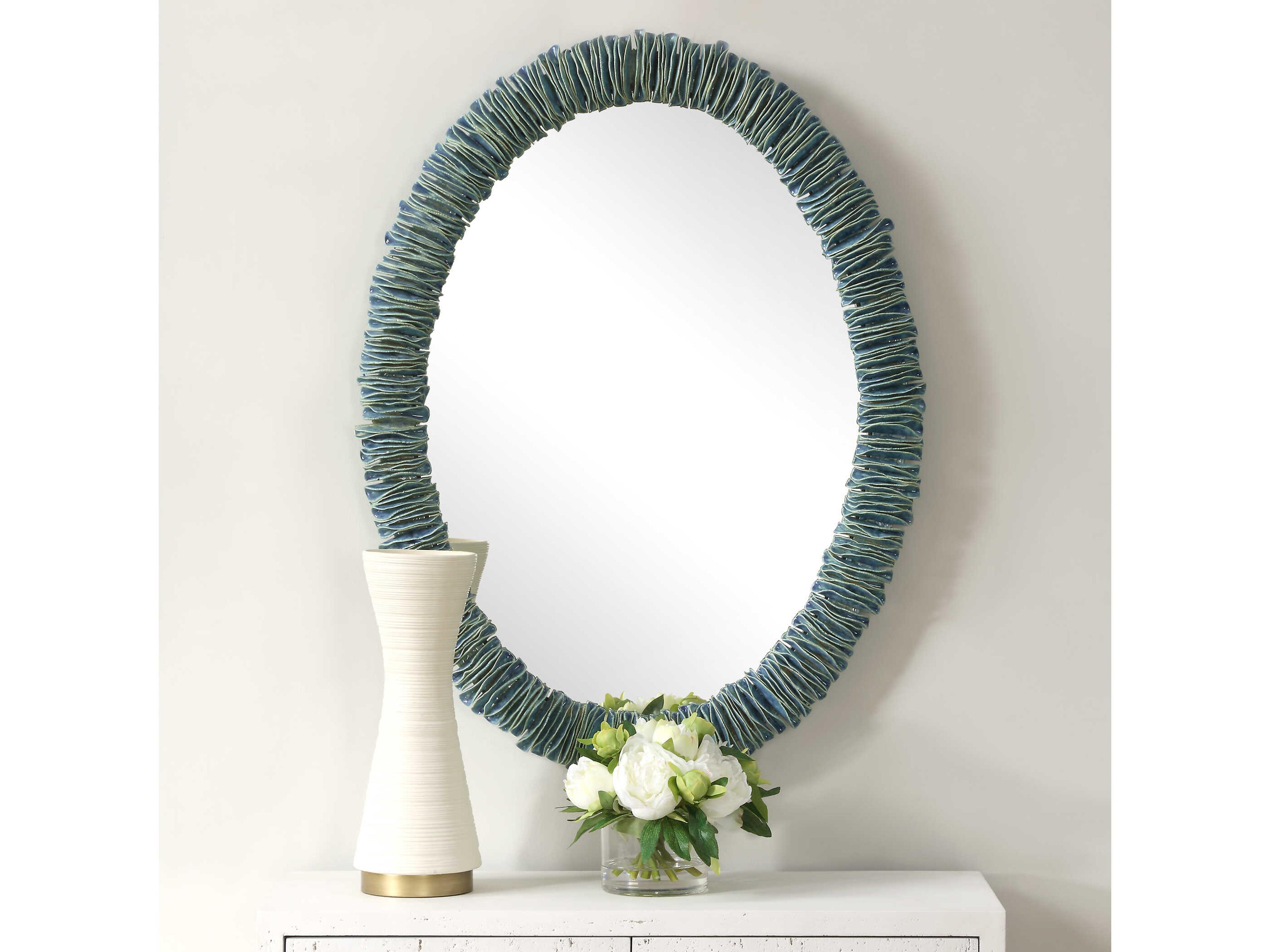 Uttermost Bonaire Distressed Mottled Teal Blue Oval Wall Mirror