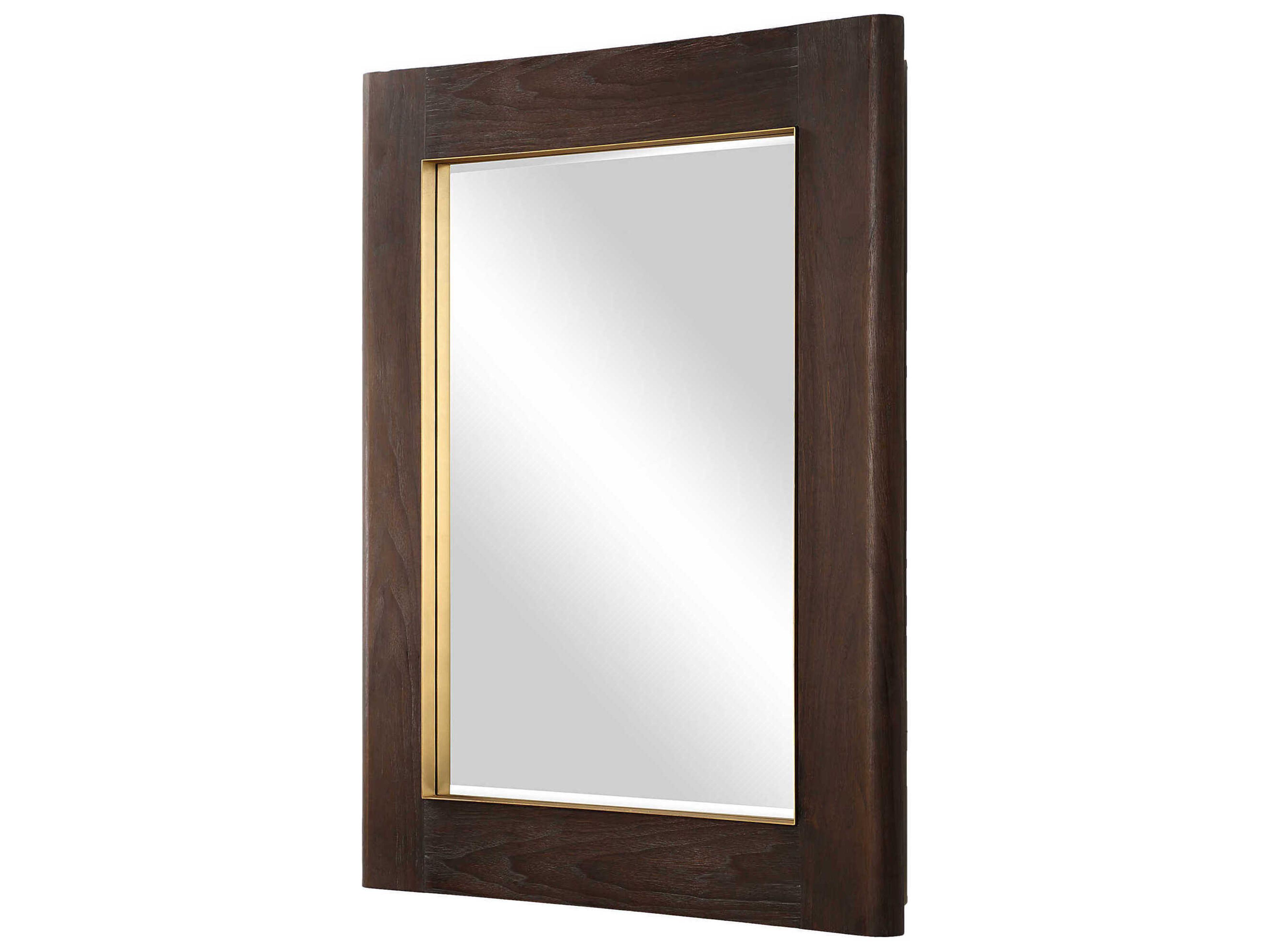 Uttermost Catron Aged Walnut Antique Brass Rectangular Wall Mirror