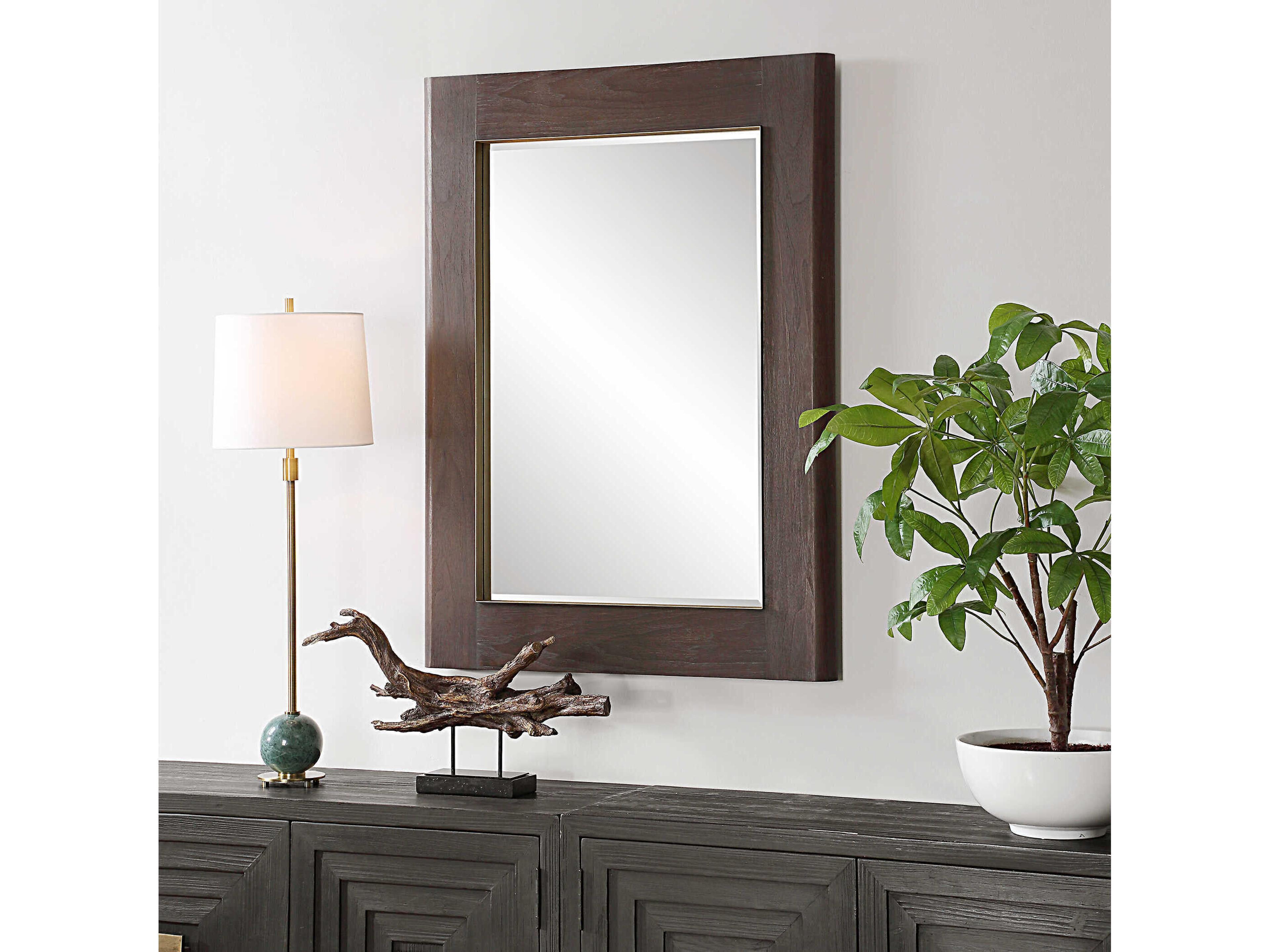 Uttermost Catron Aged Walnut Antique Brass Rectangular Wall Mirror