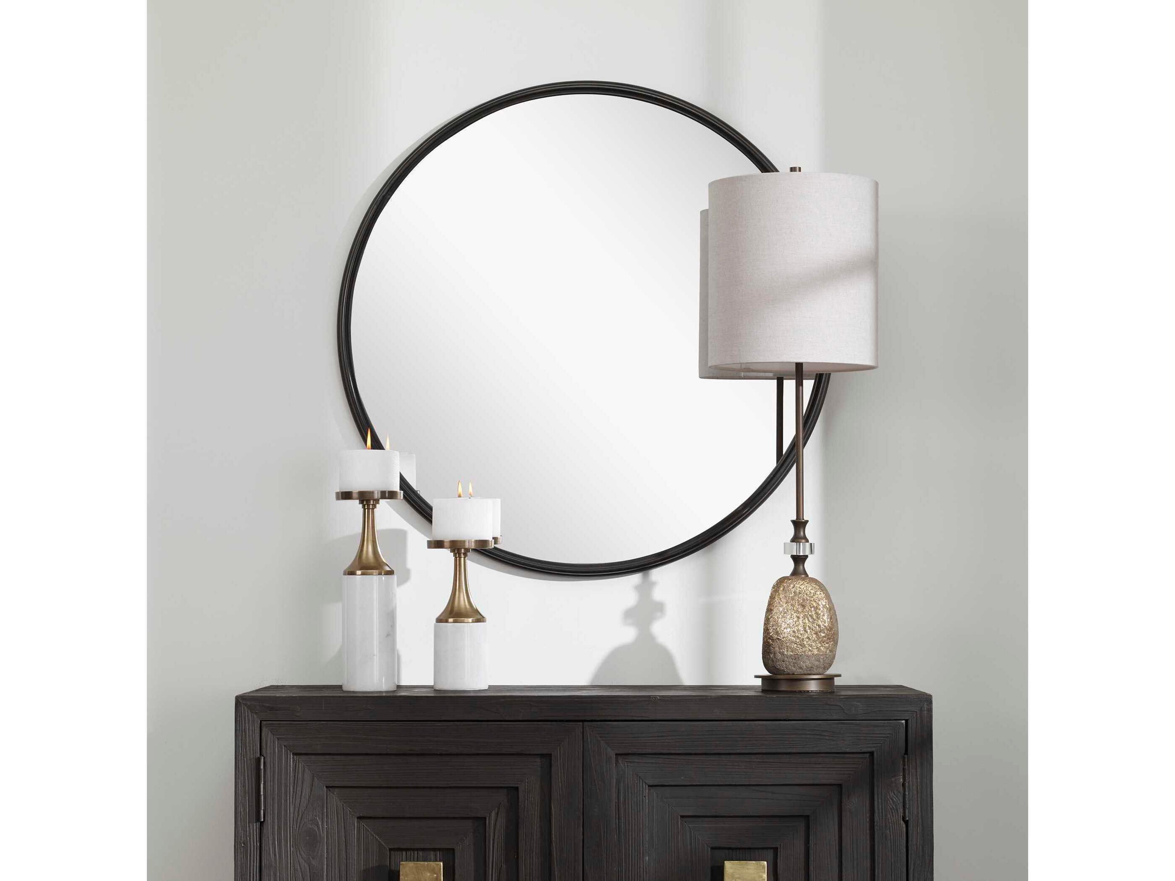 Uttermost Belham Aged Black Round Wall Mirror