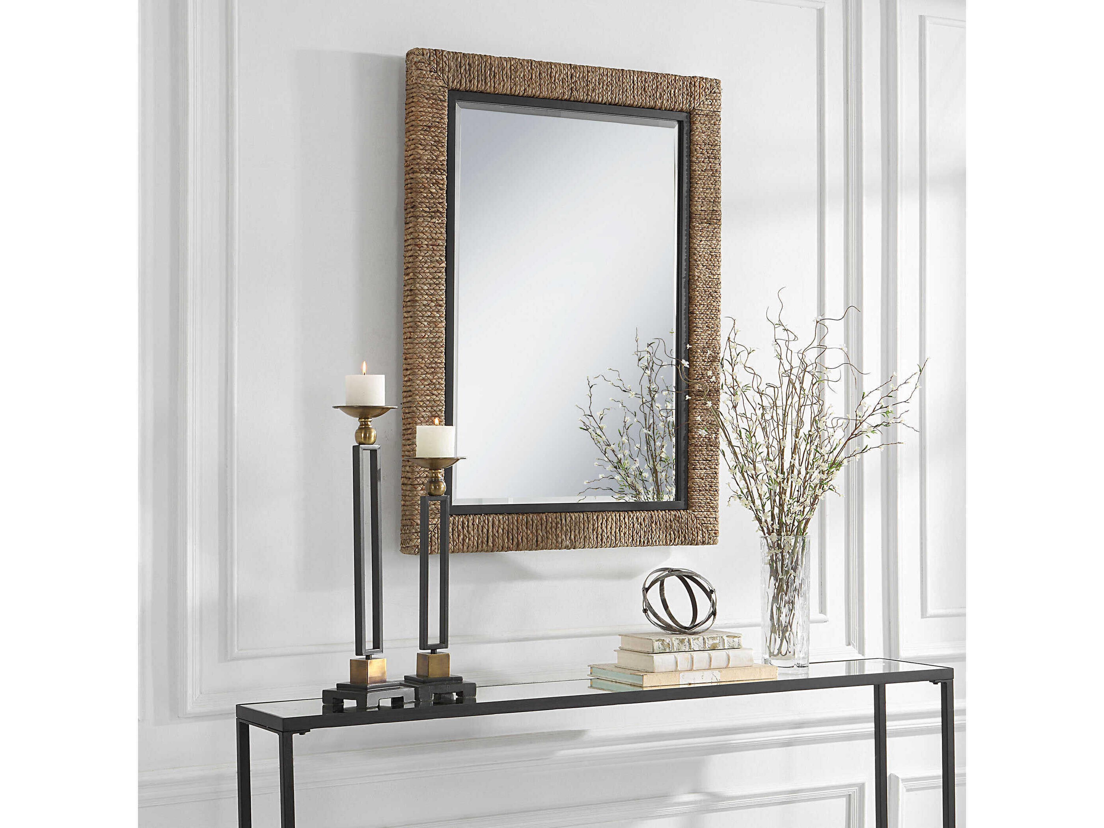 Uttermost Island Braided Straw Natural / Matte Black Rectangular Wall Mirror