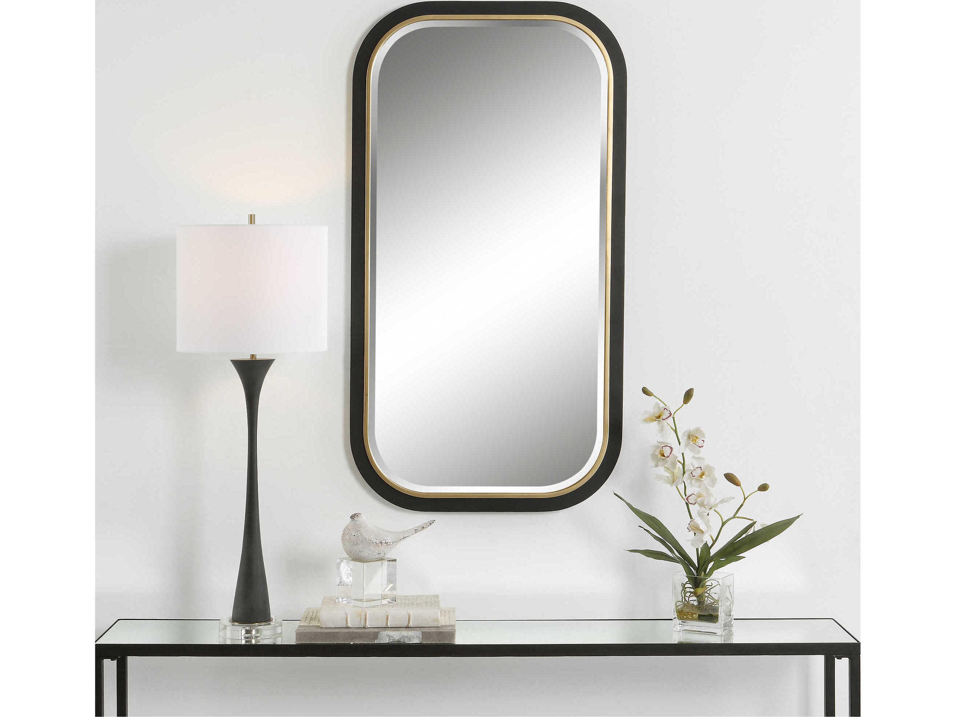 Uttermost Nevaeh Satin Black / Gold Leaf Rectangular Wall Mirror