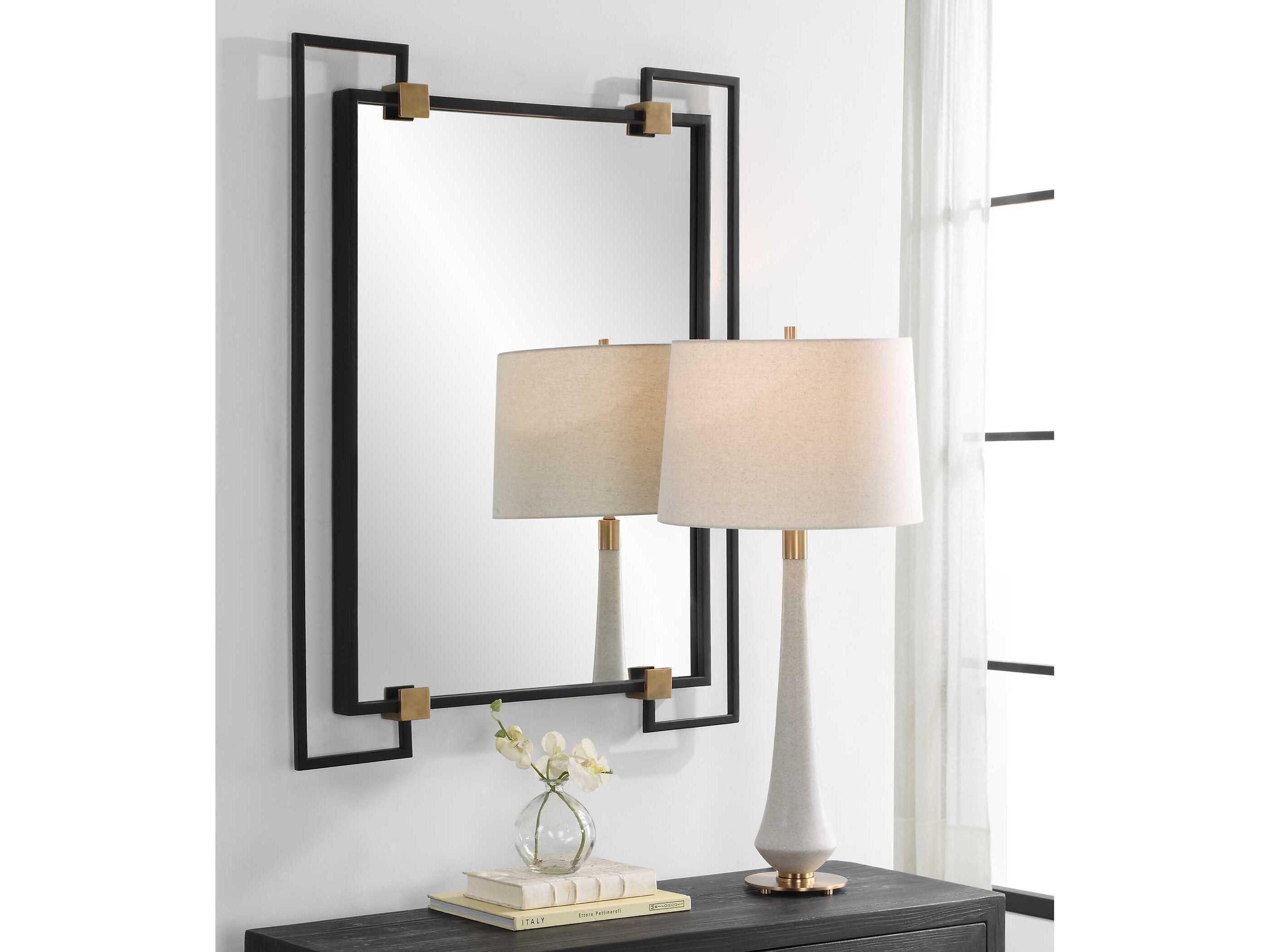 Uttermost Ivey Black Antiqued Brushed Gold Rectangular Wall Mirror