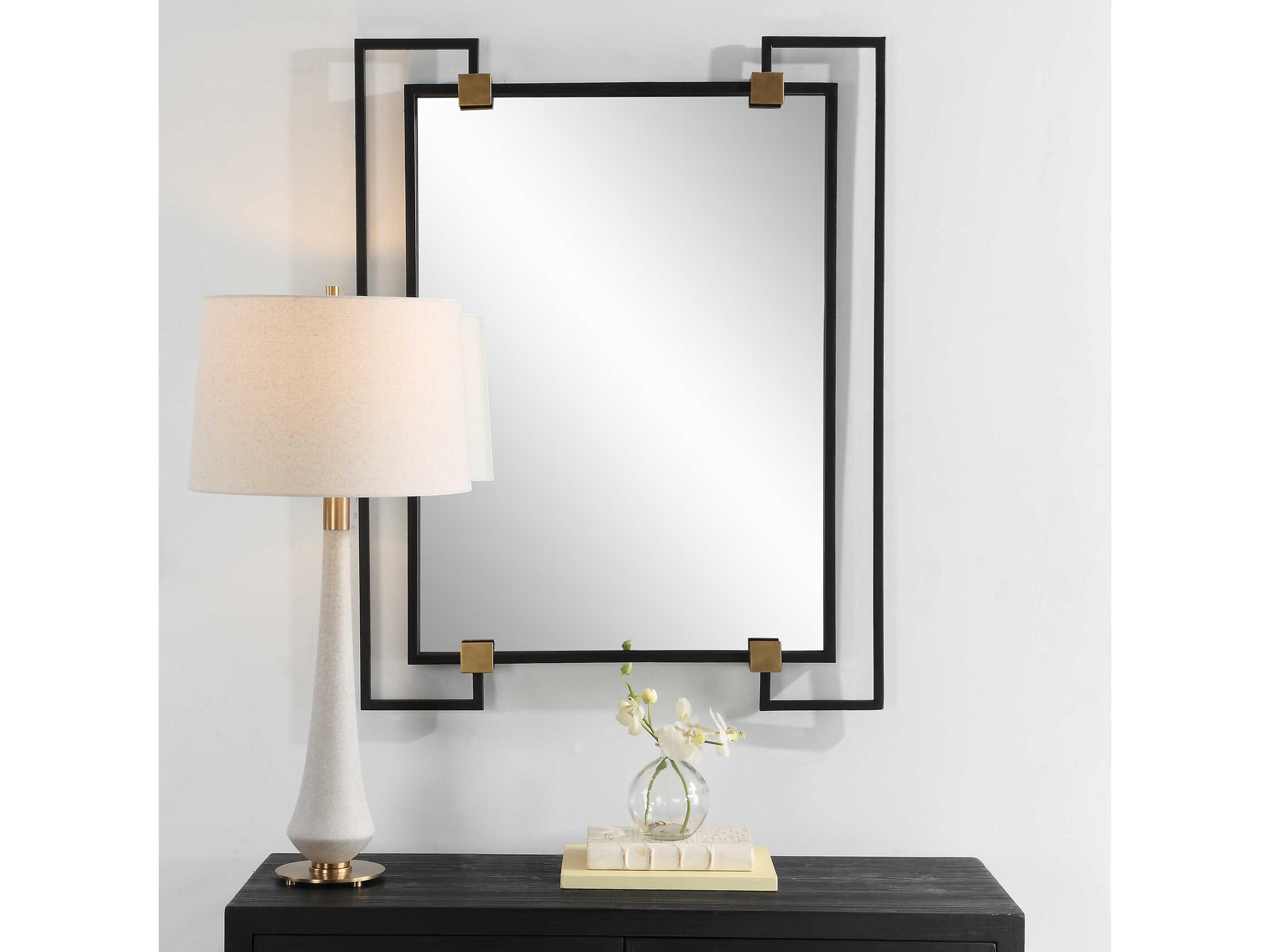 Uttermost Ivey Black Antiqued Brushed Gold Rectangular Wall Mirror