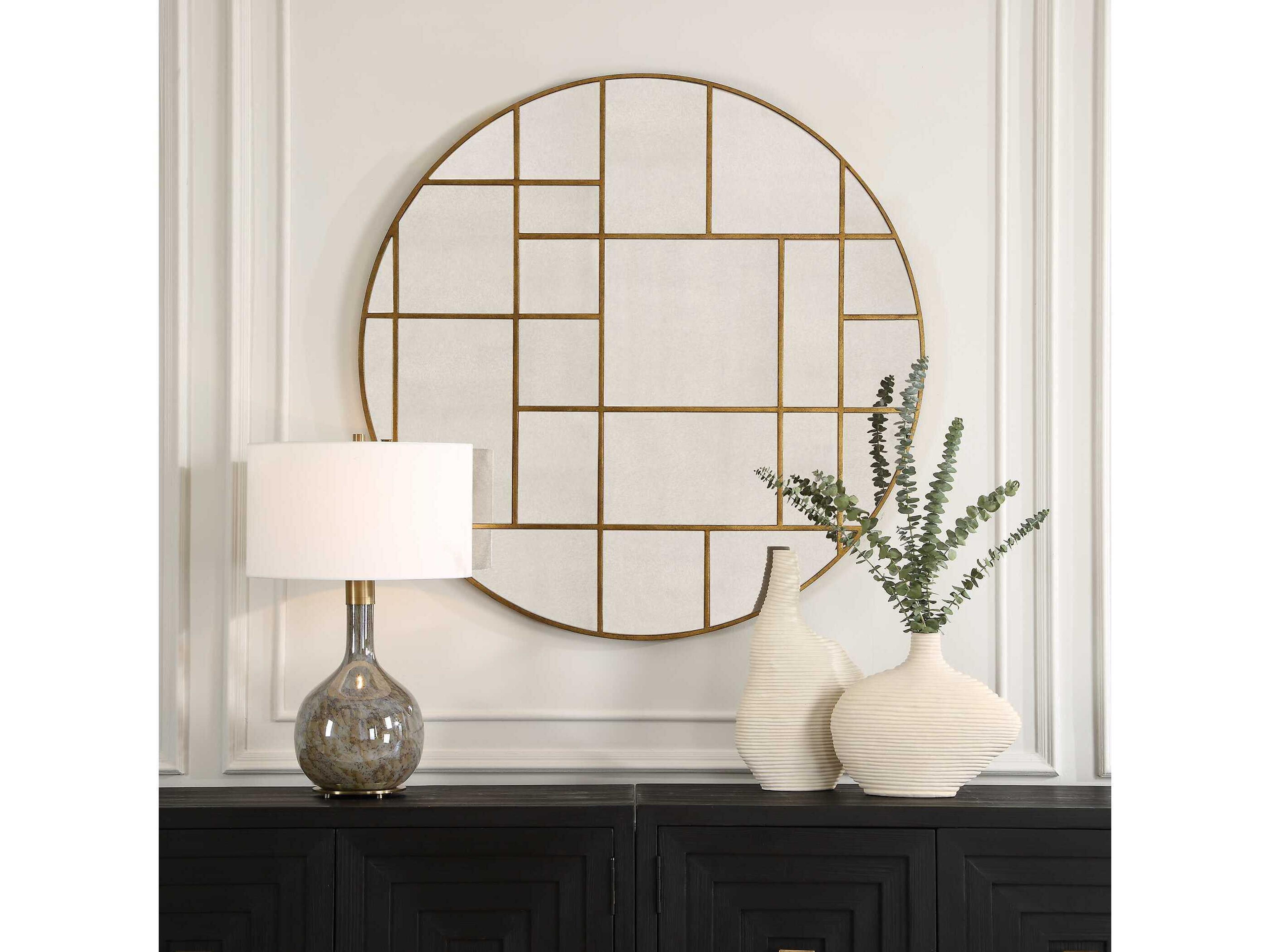 Uttermost Geometric Antiqued Gold Leaf Round Wall Mirror