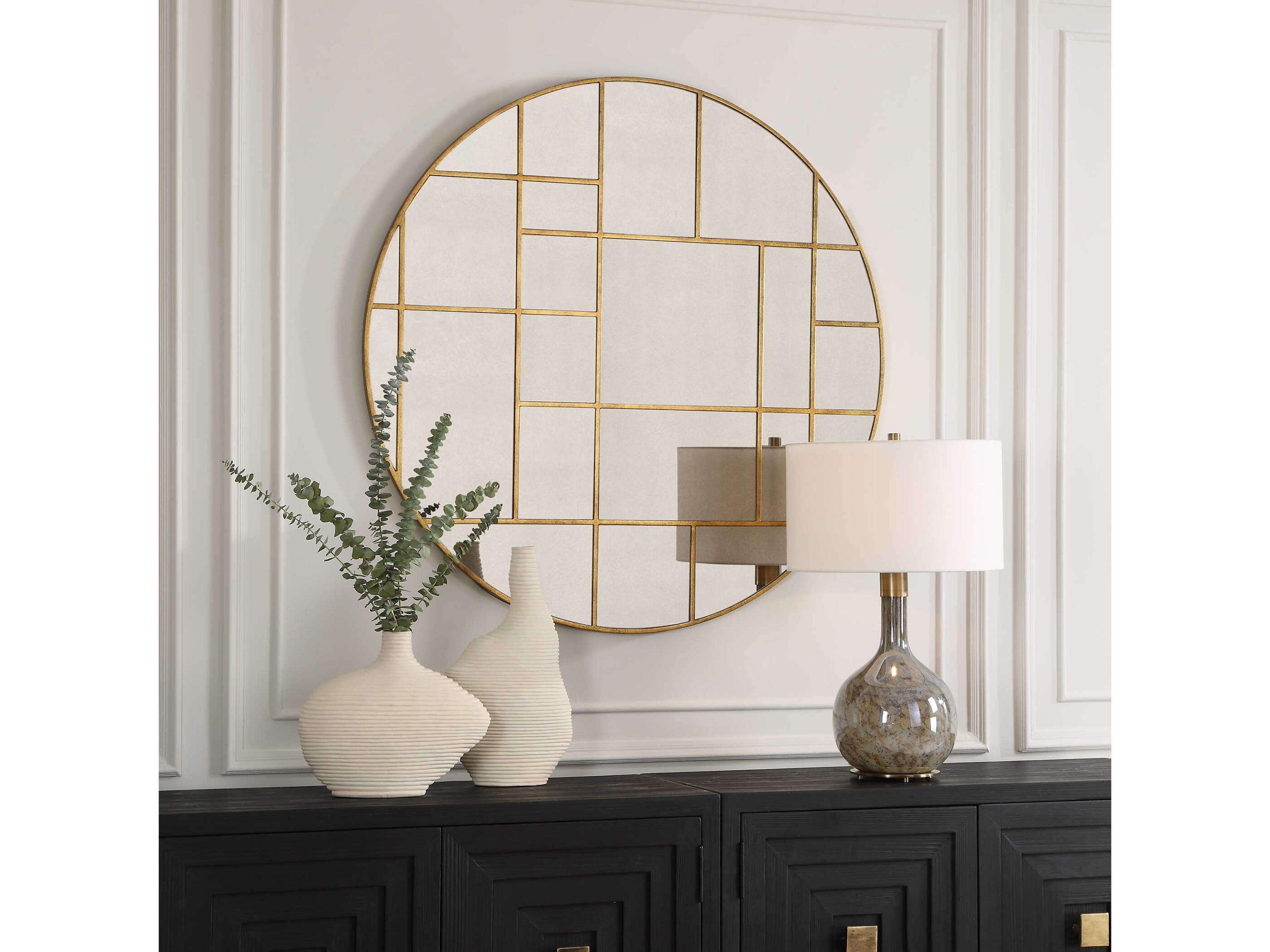 Uttermost Geometric Antiqued Gold Leaf Round Wall Mirror