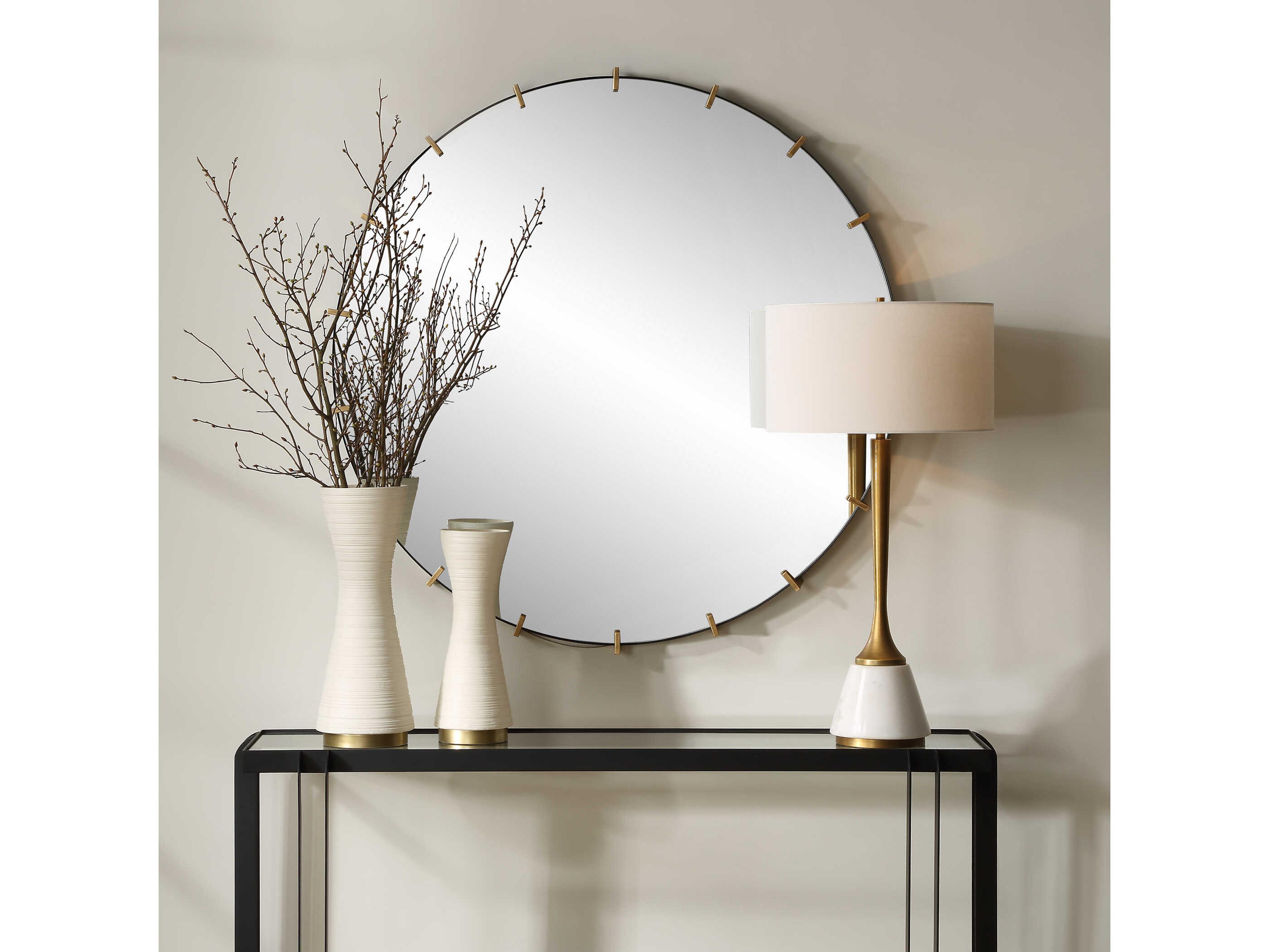 Uttermost Pali Black Antiqued Brushed Gold Round Wall Mirror