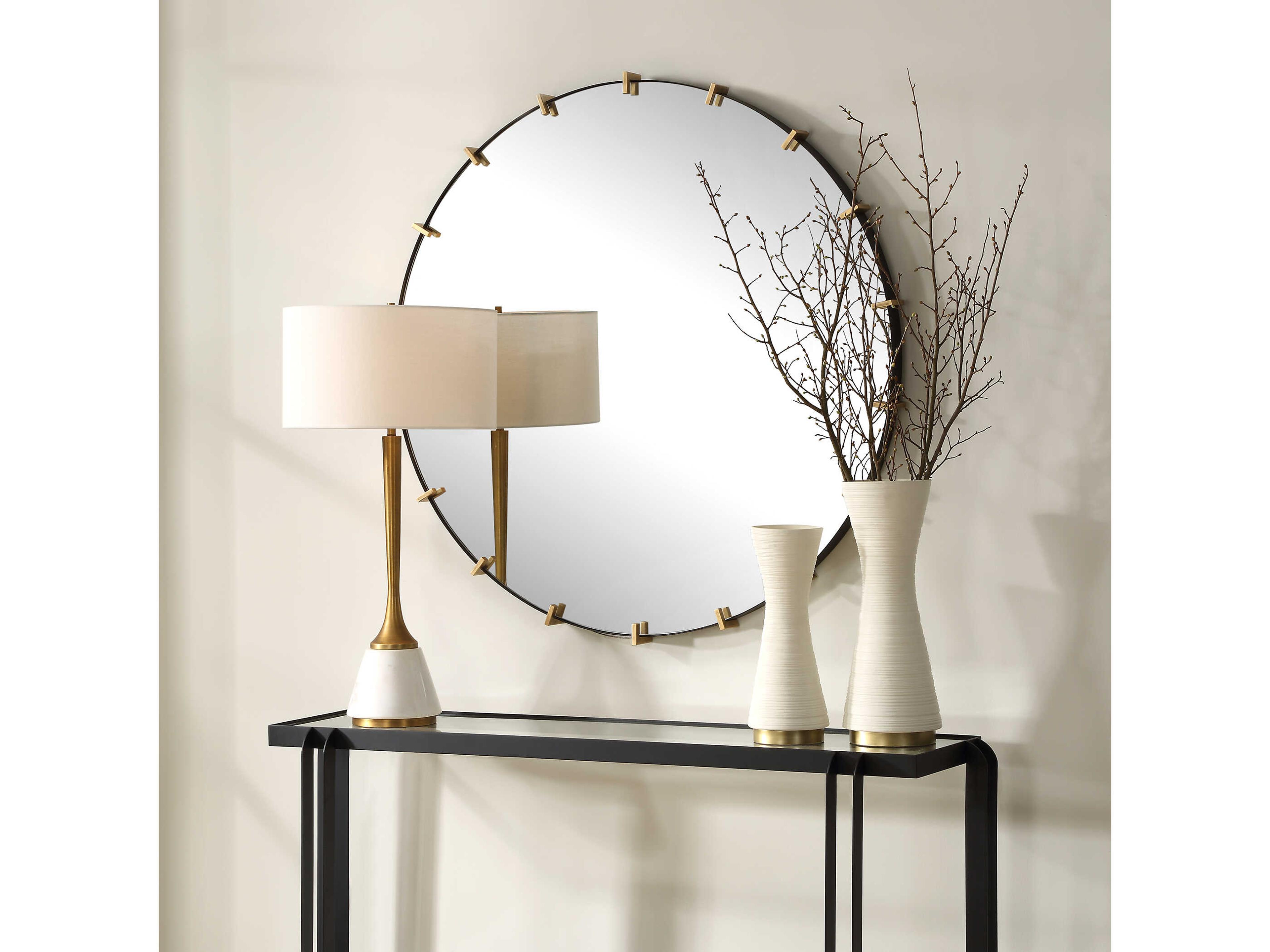 Uttermost Pali Black Antiqued Brushed Gold Round Wall Mirror