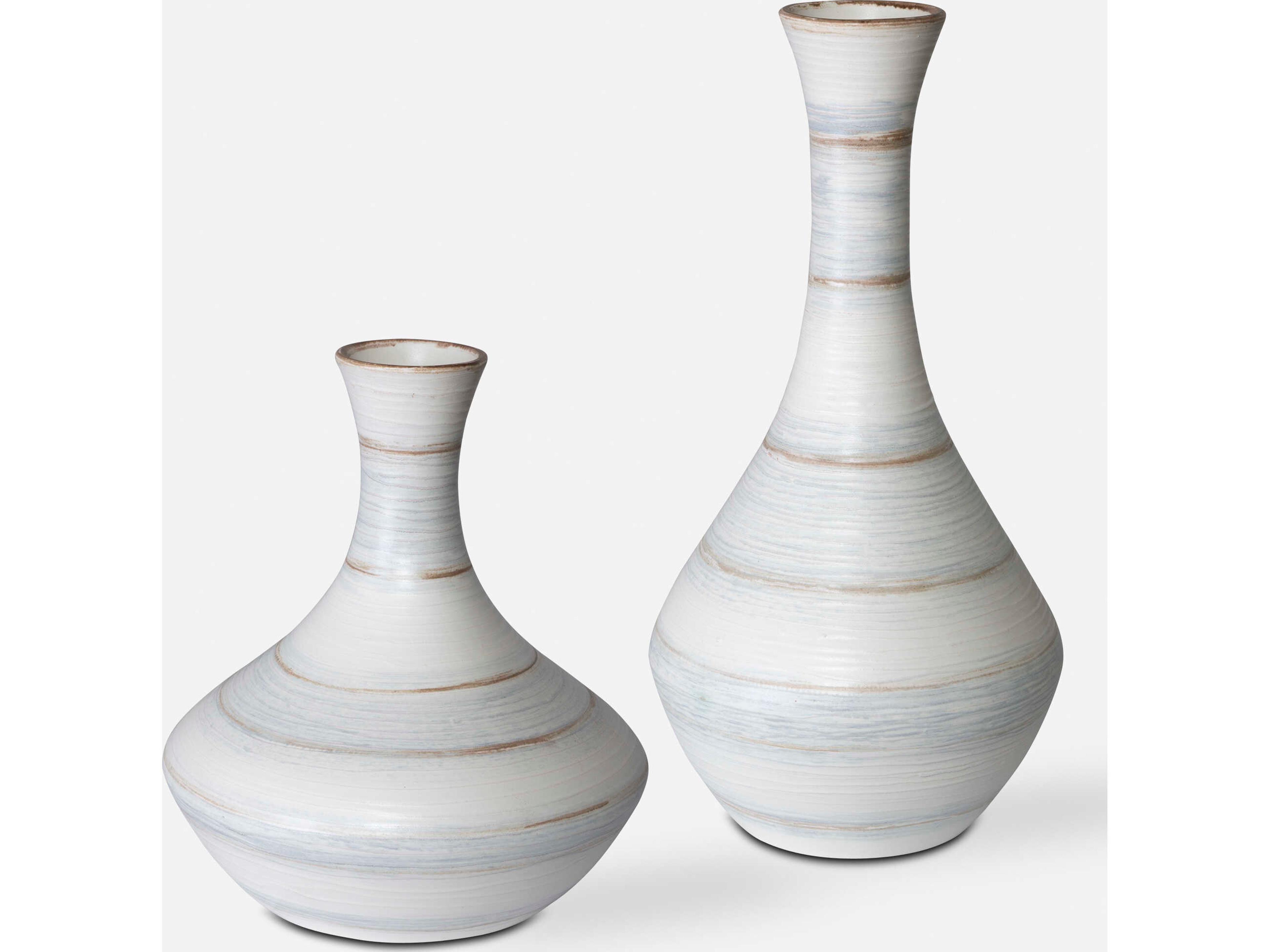 Potter Soft Ivory / Blue Tan Glaze Vases Set of 2