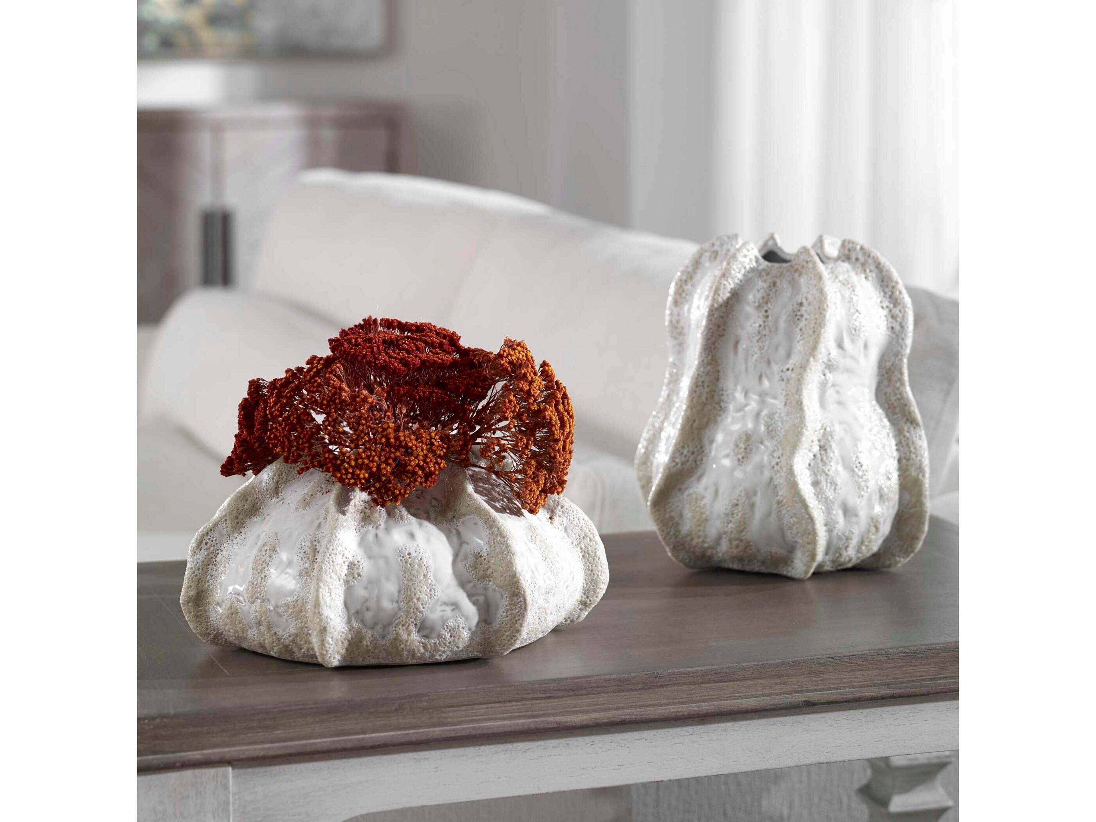 Uttermost Urchin Ivory / Beige Glaze Vases Set of 2