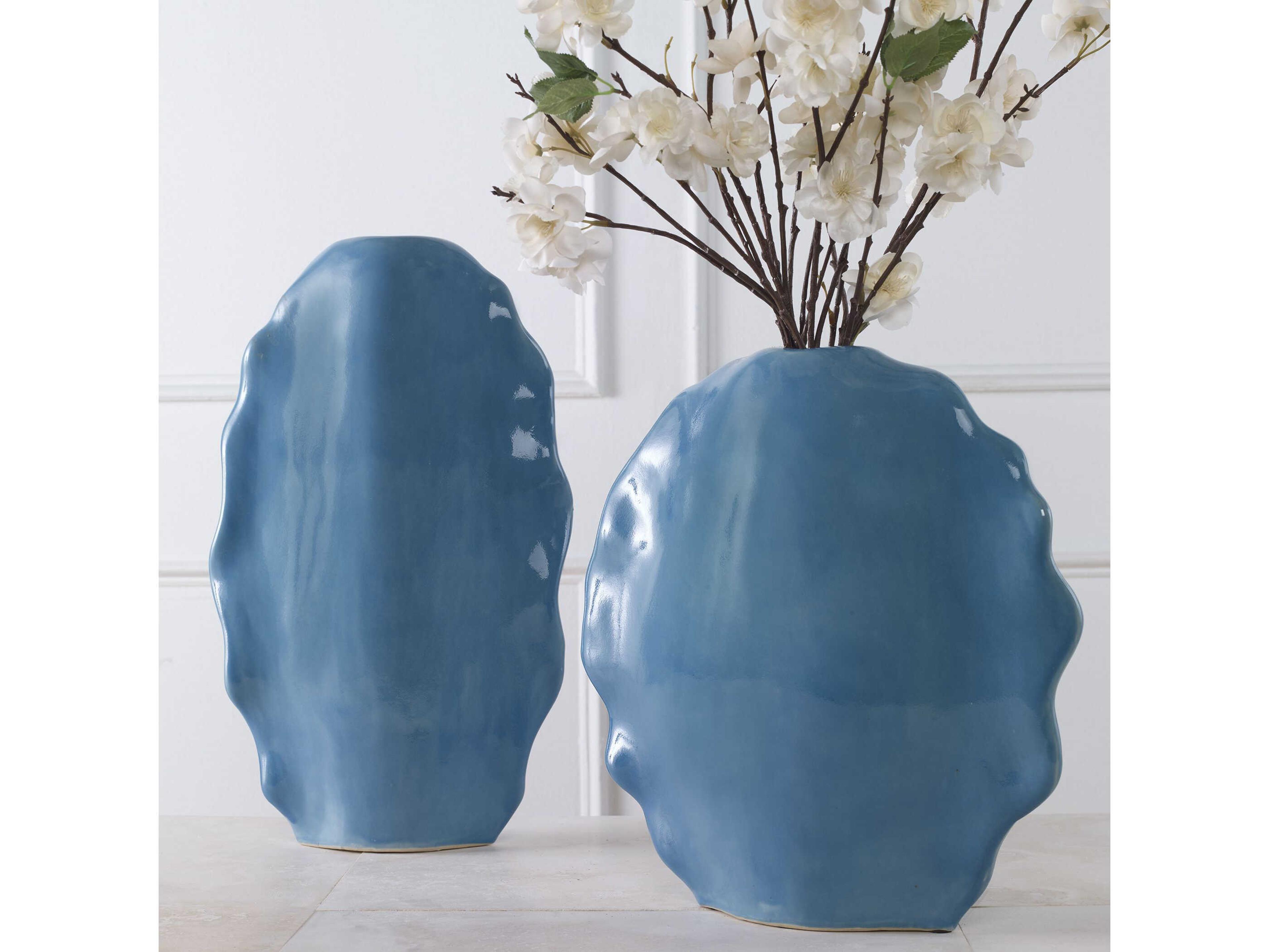 Uttermost Ruffled Feathers Gloss Blue Vase Set of 2