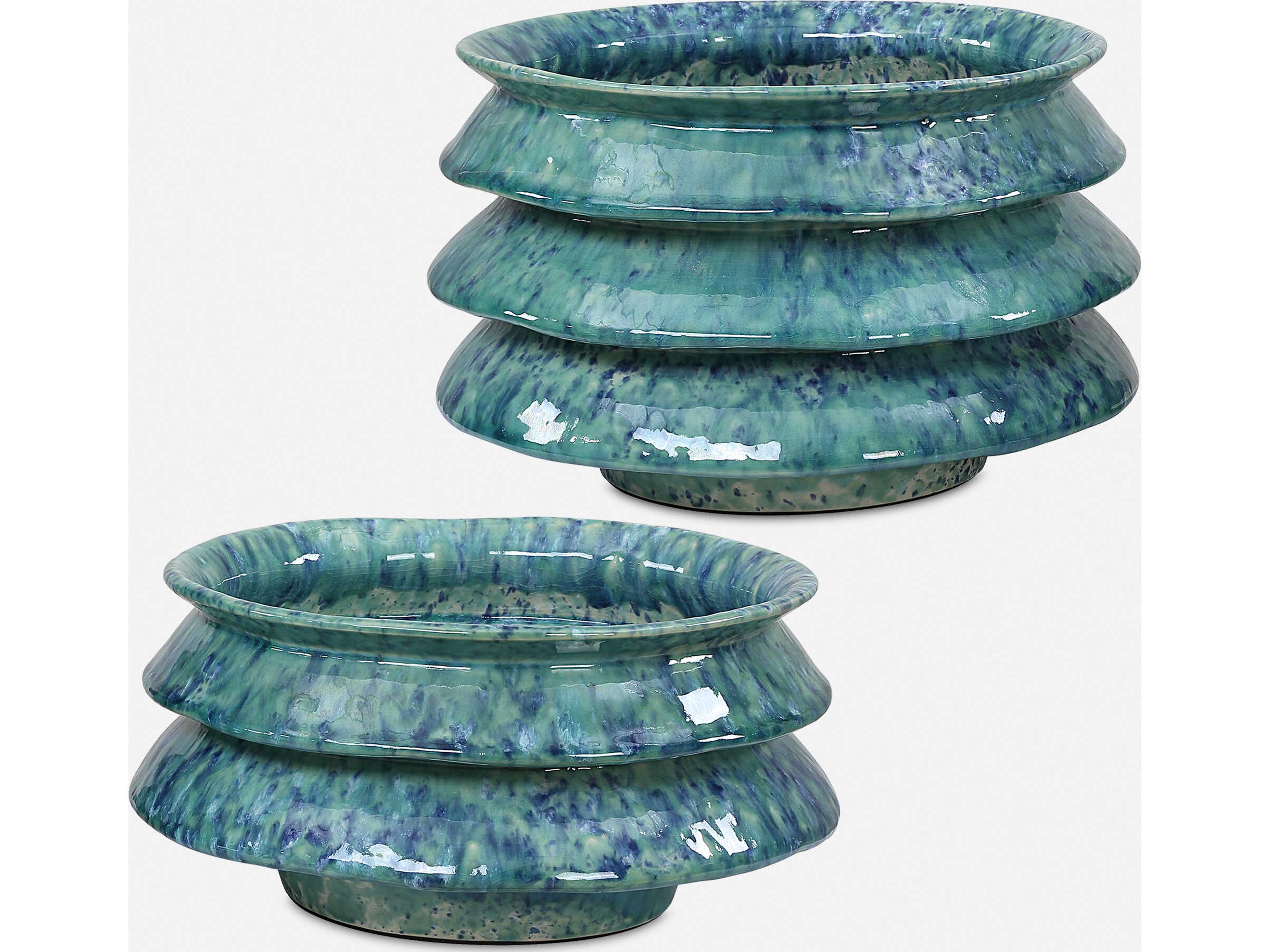 Uttermost Zigzag Blue Green Reactive Glaze Decorative Bowl (Set of 2)