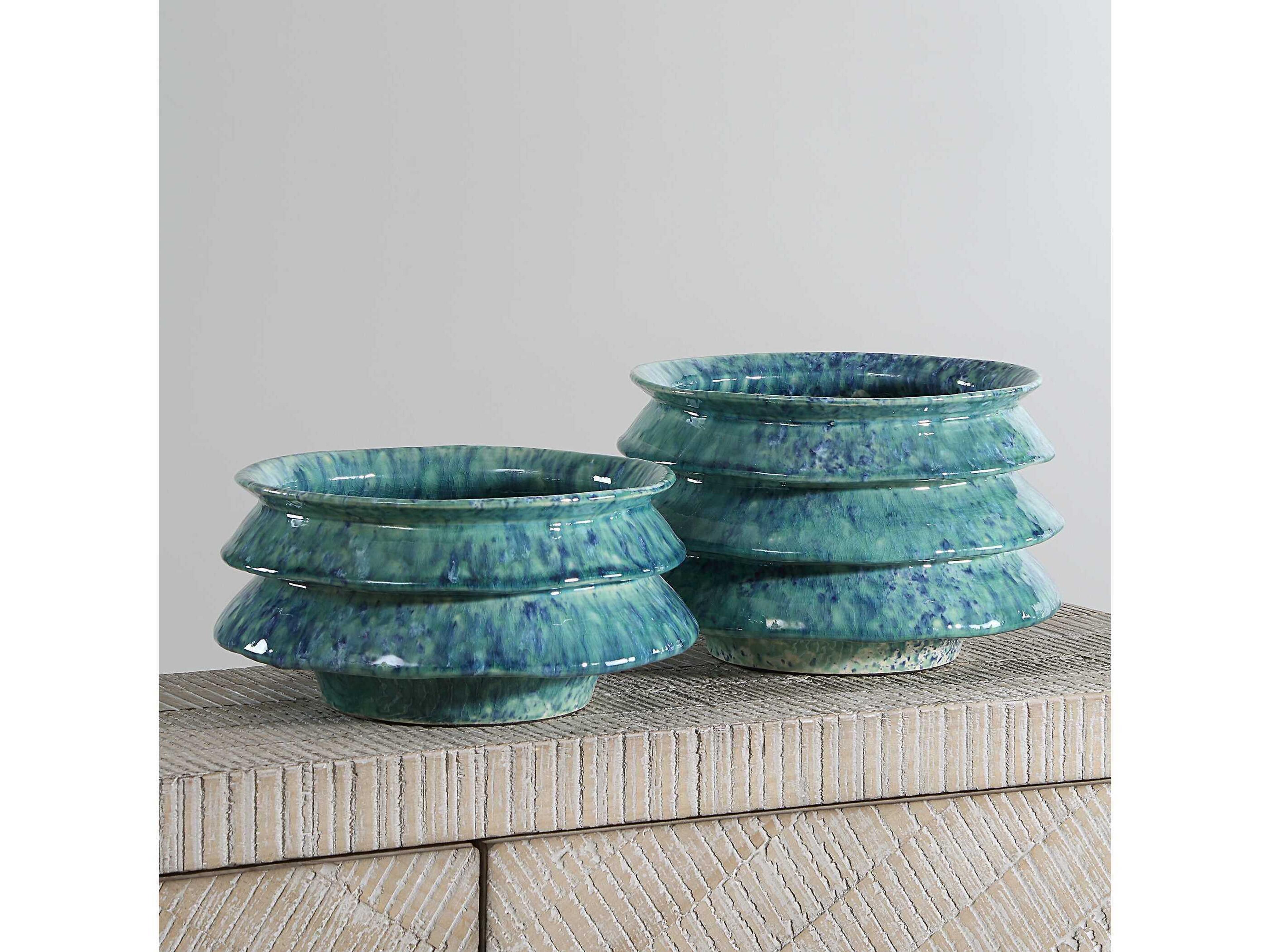 Uttermost Zigzag Blue Green Reactive Glaze Decorative Bowl (Set of 2)