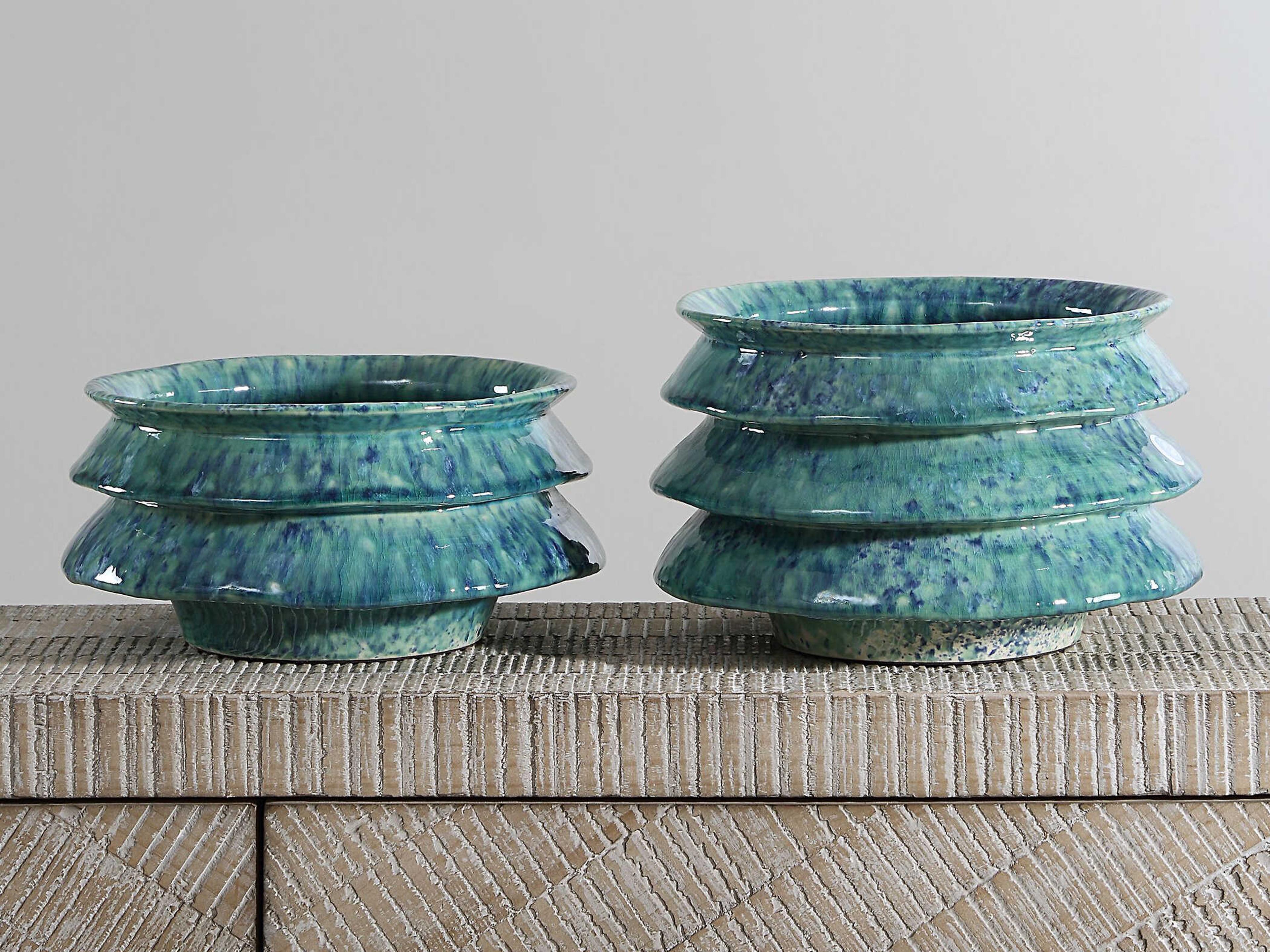 Uttermost Zigzag Blue Green Reactive Glaze Decorative Bowl (Set of 2)