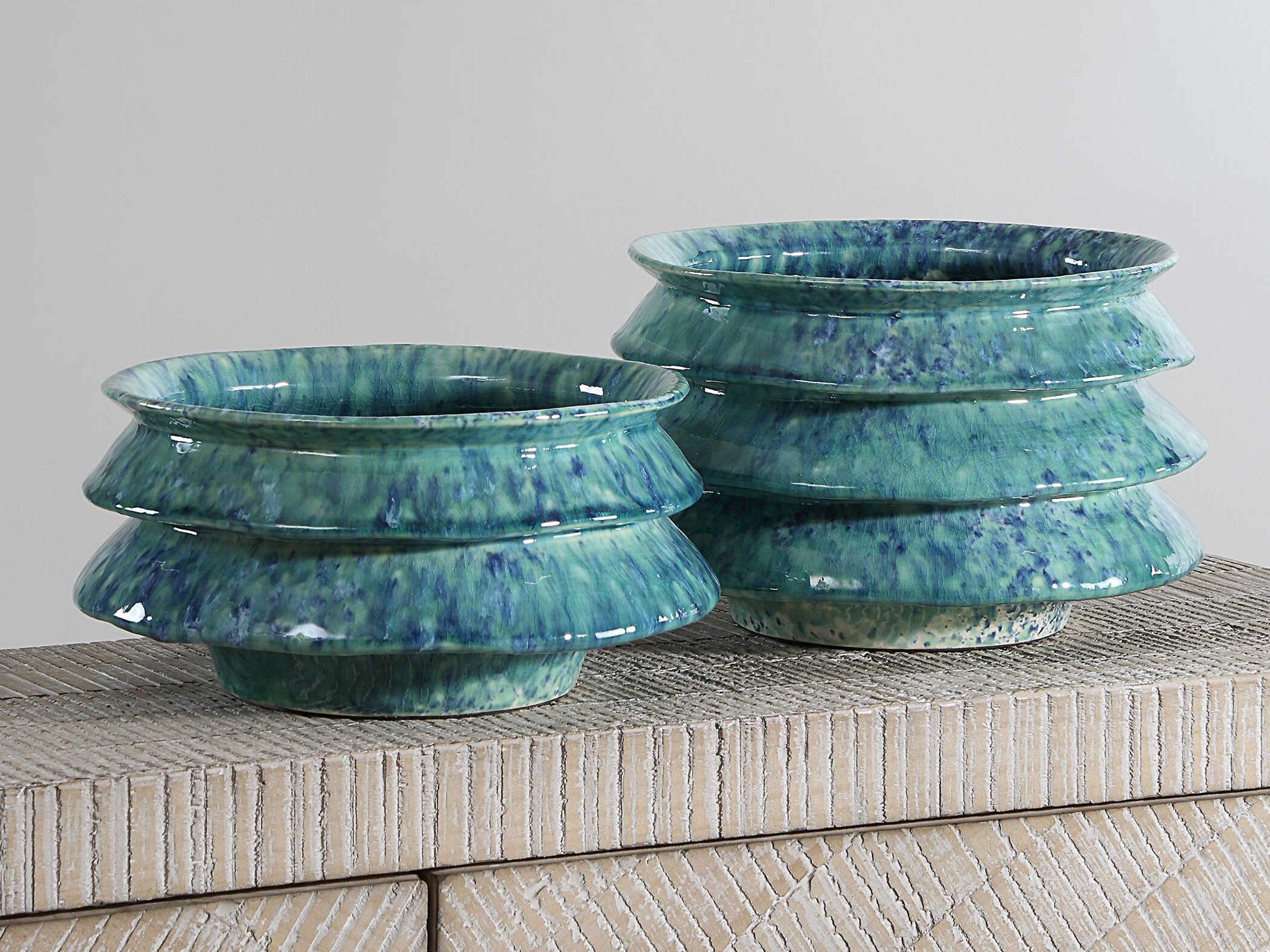 Uttermost Zigzag Blue Green Reactive Glaze Decorative Bowl (Set of 2)