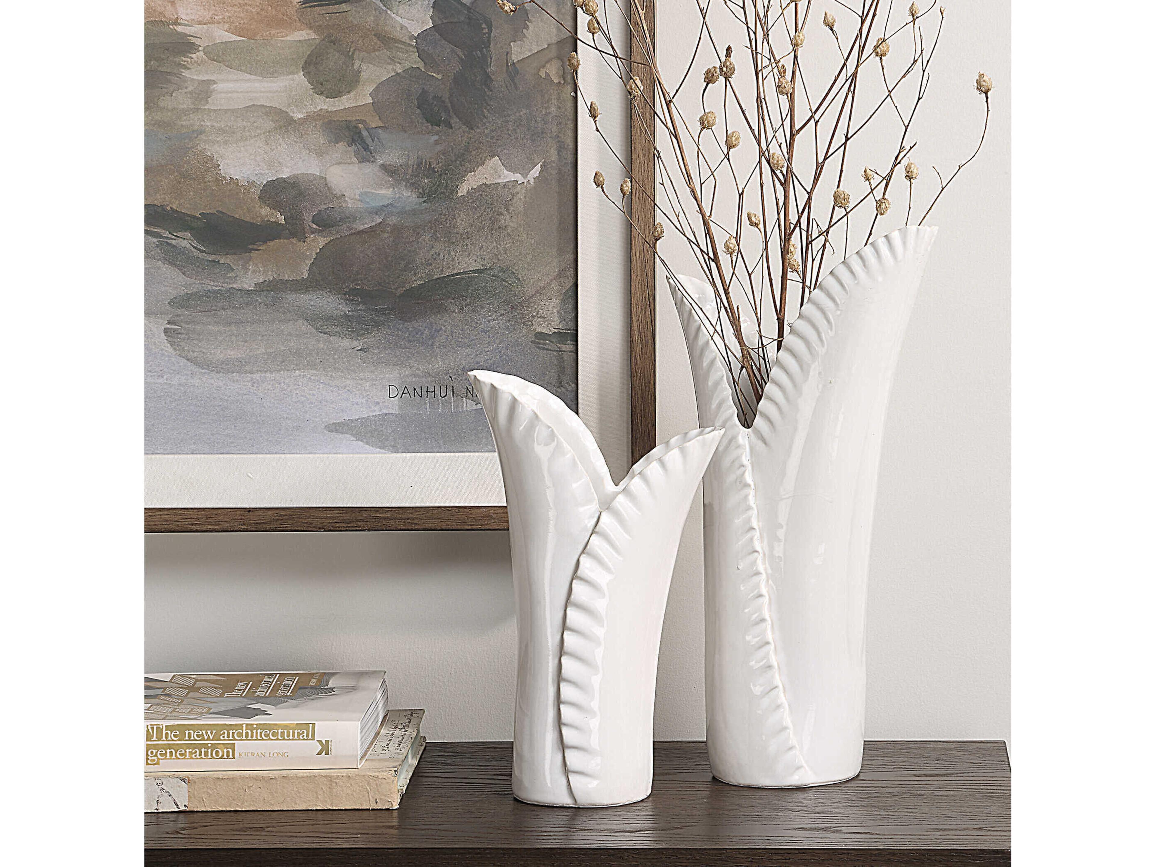 Uttermost Leafscape White Vases Set of 2