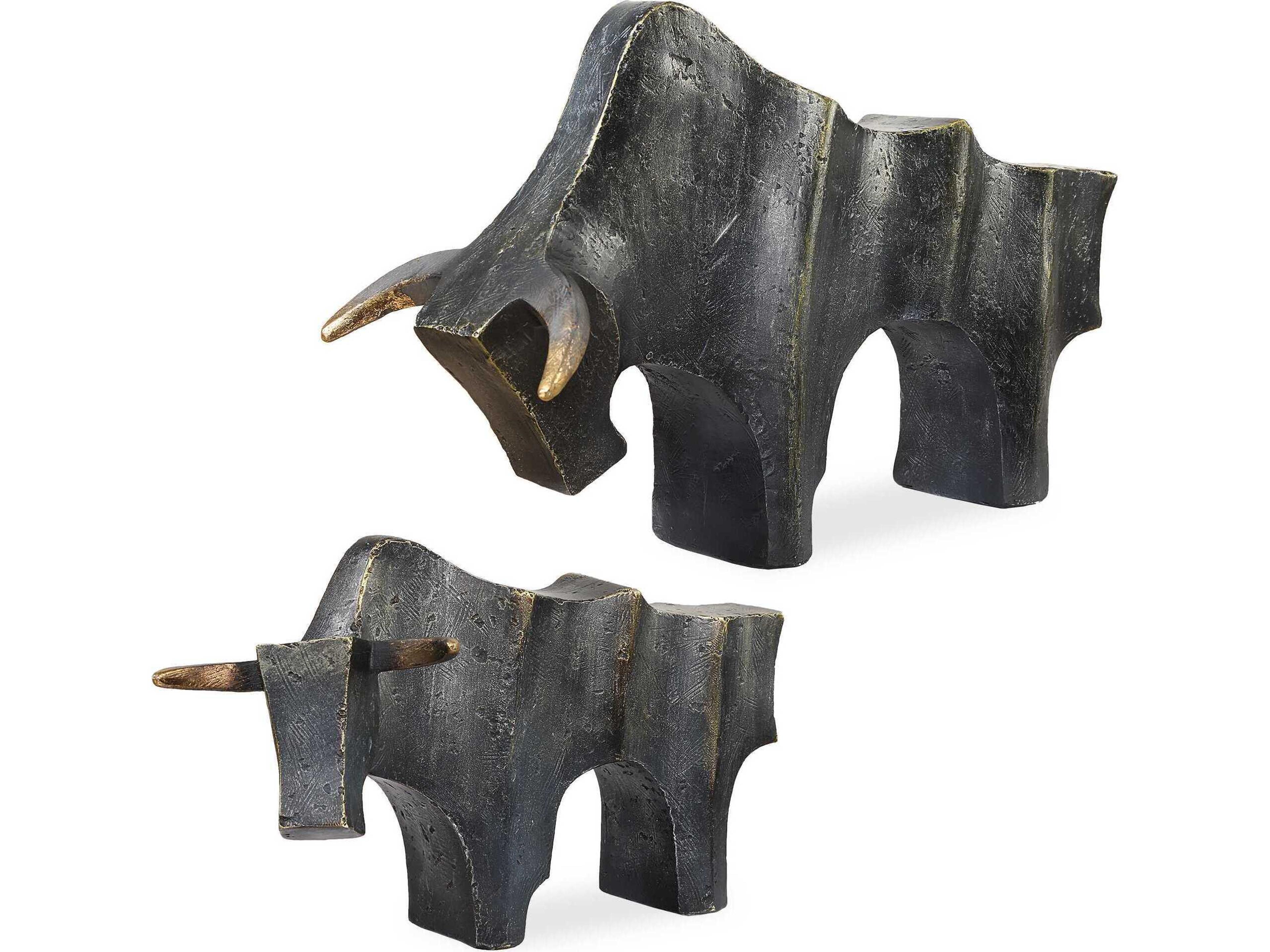 Regal Bull Sculptures Set in Dark Bronze with Gold Highlights