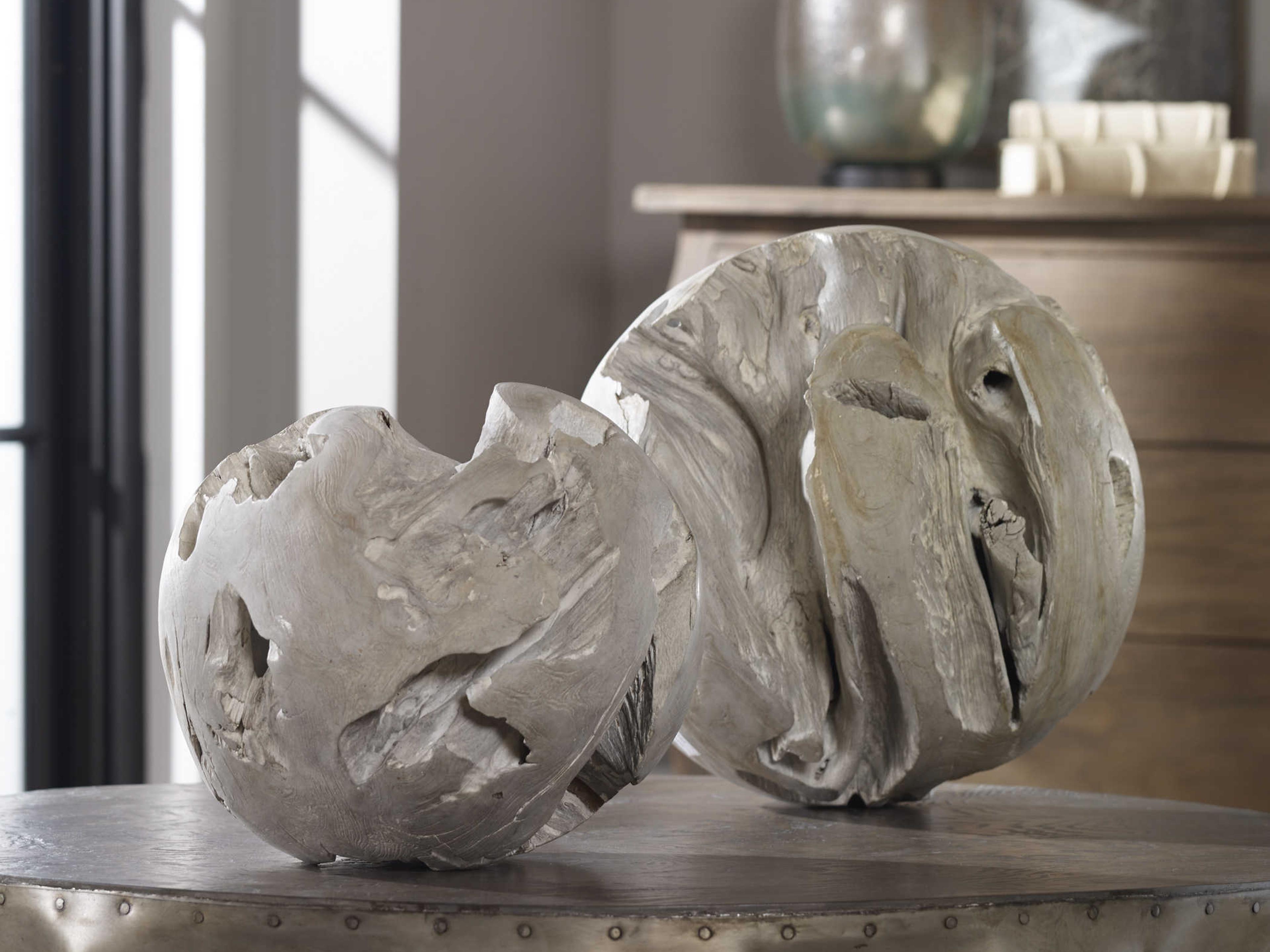 Uttermost Ermanno Teak Pale Gray Balls Set of 2