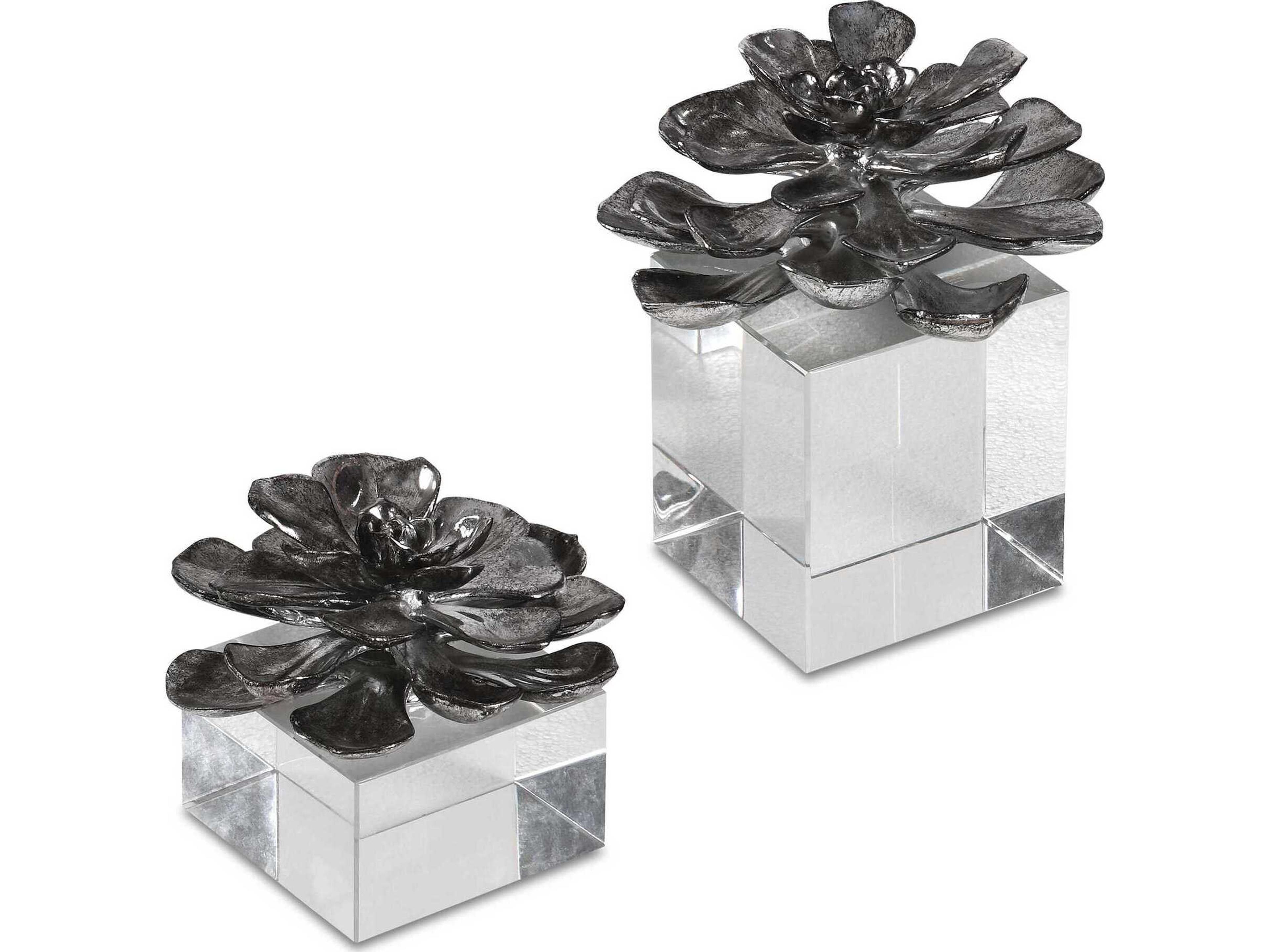 Uttermost Indian Lotus Metallic Silver Flowers Set of 2