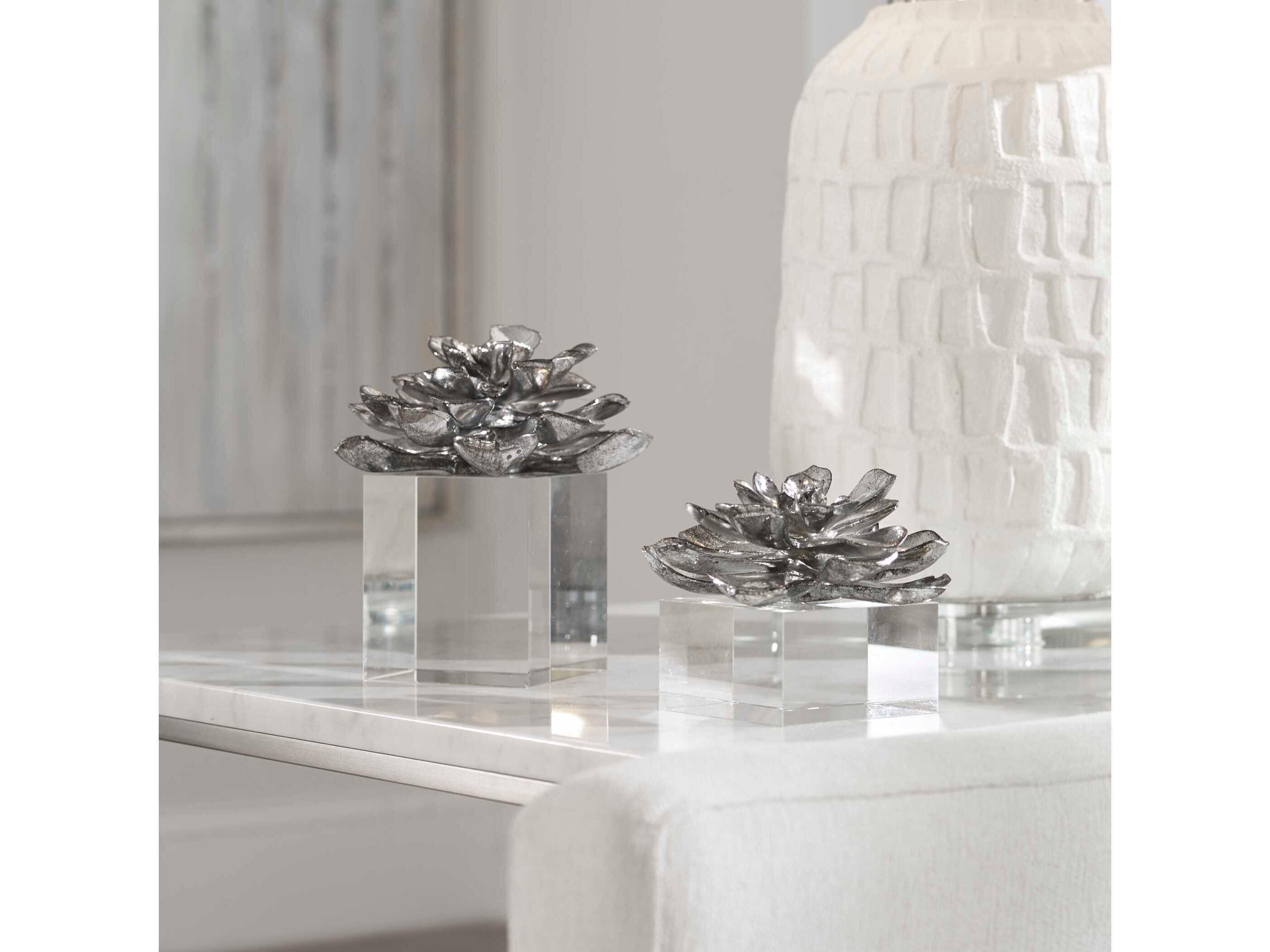 Uttermost Indian Lotus Metallic Silver Flowers Set of 2