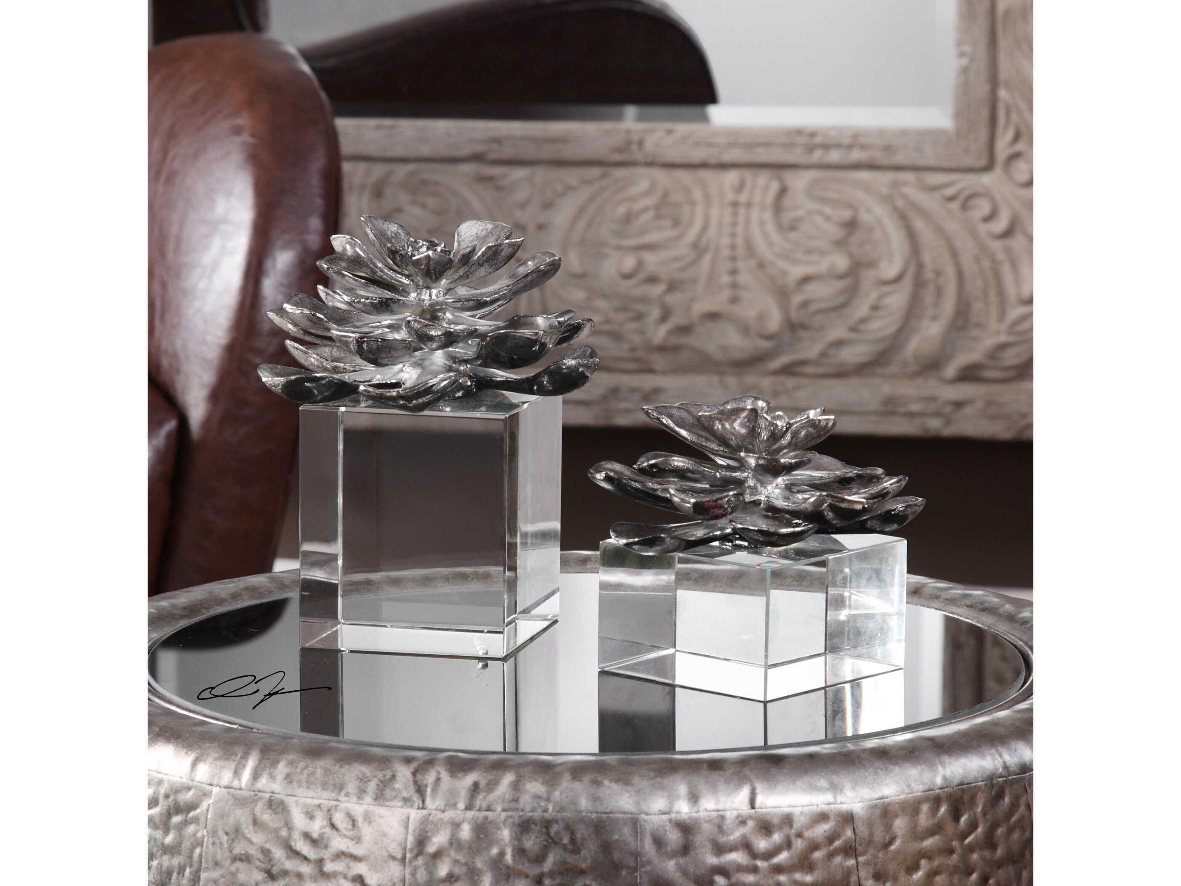 Uttermost Indian Lotus Metallic Silver Flowers Set of 2