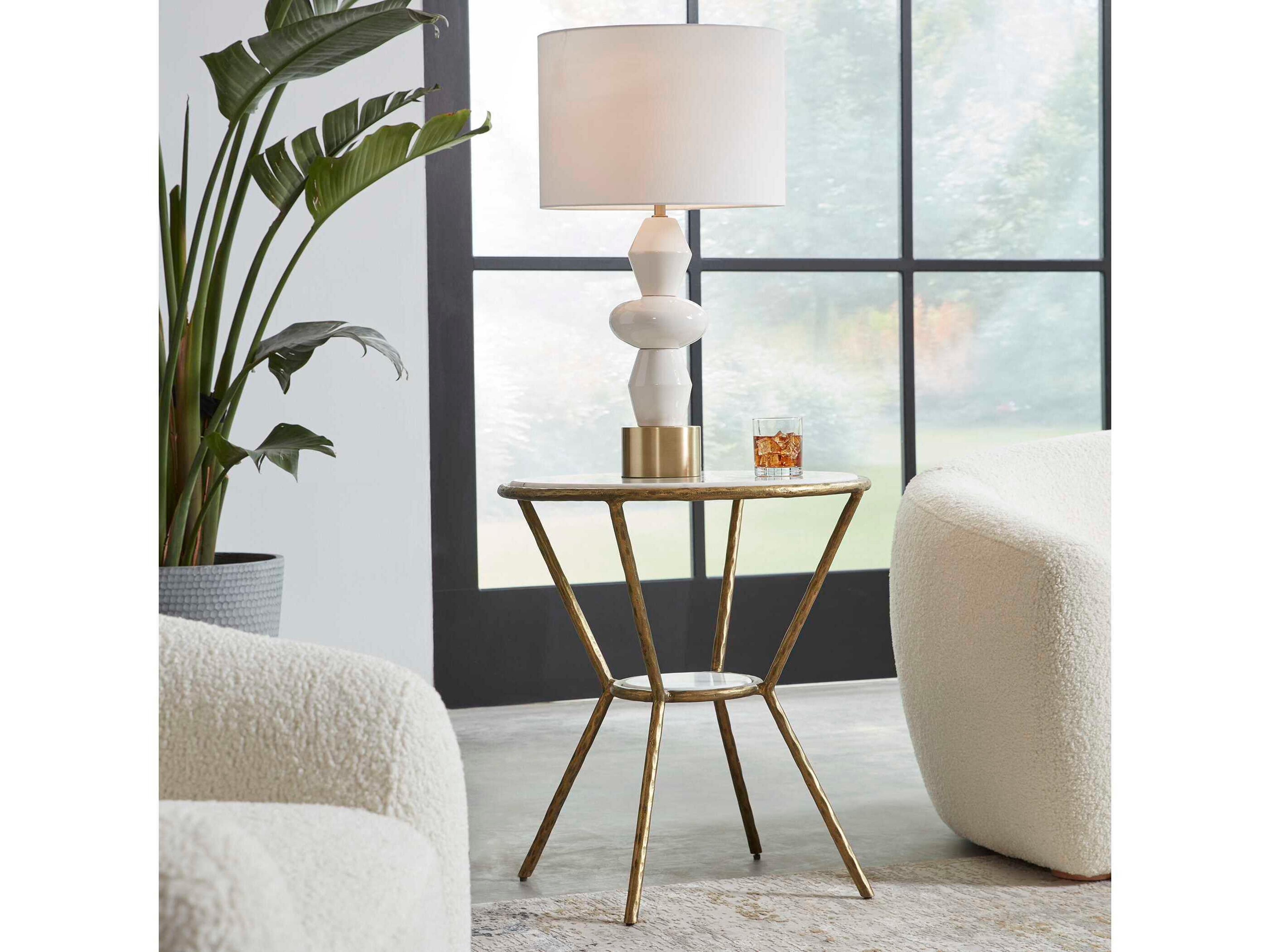 Uttermost Refuge Round Marble Antique Gold White End Table
