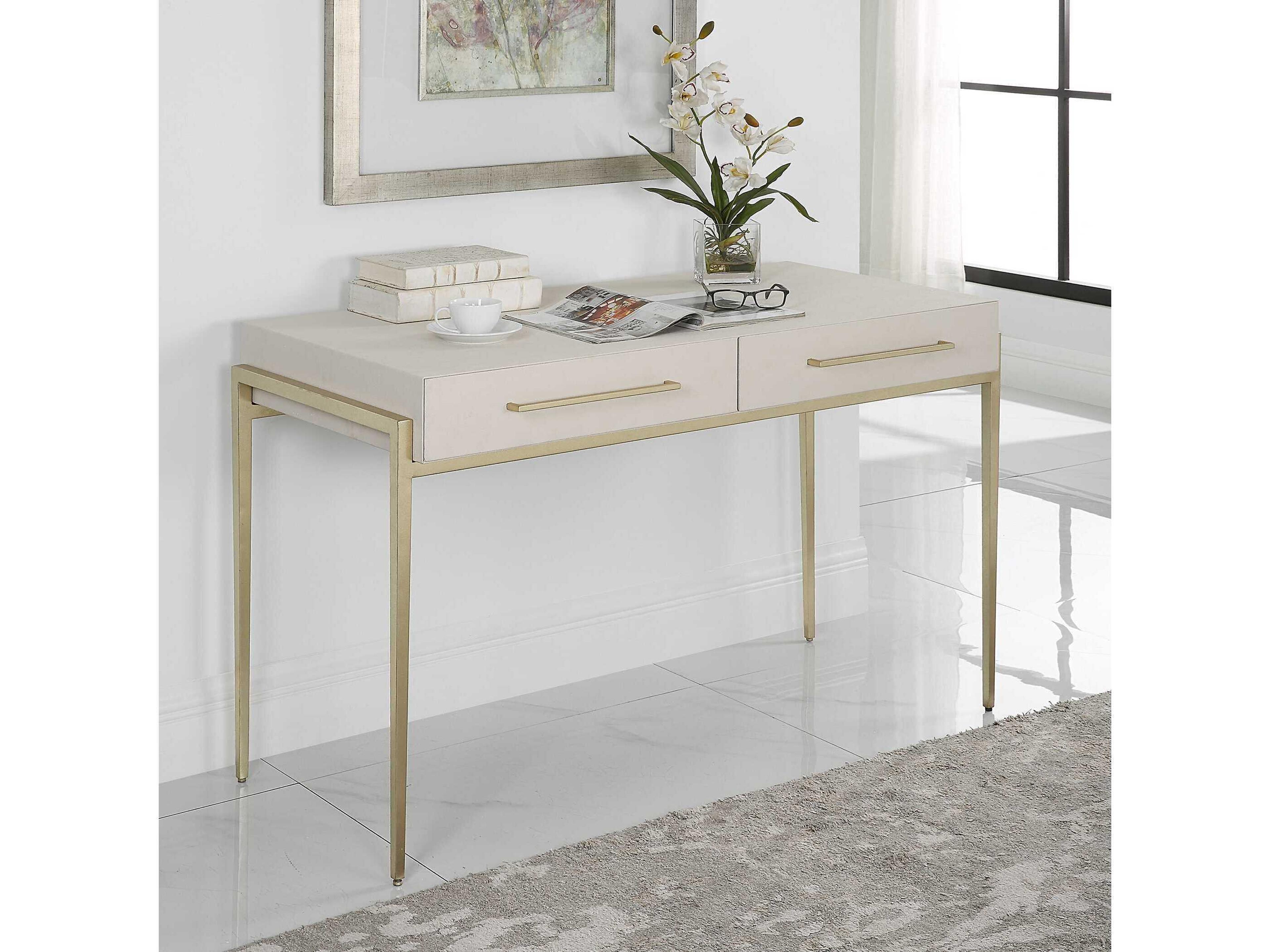 Uttermost Jewel White Faux Shagreen Gold Leaf Secretary Desk