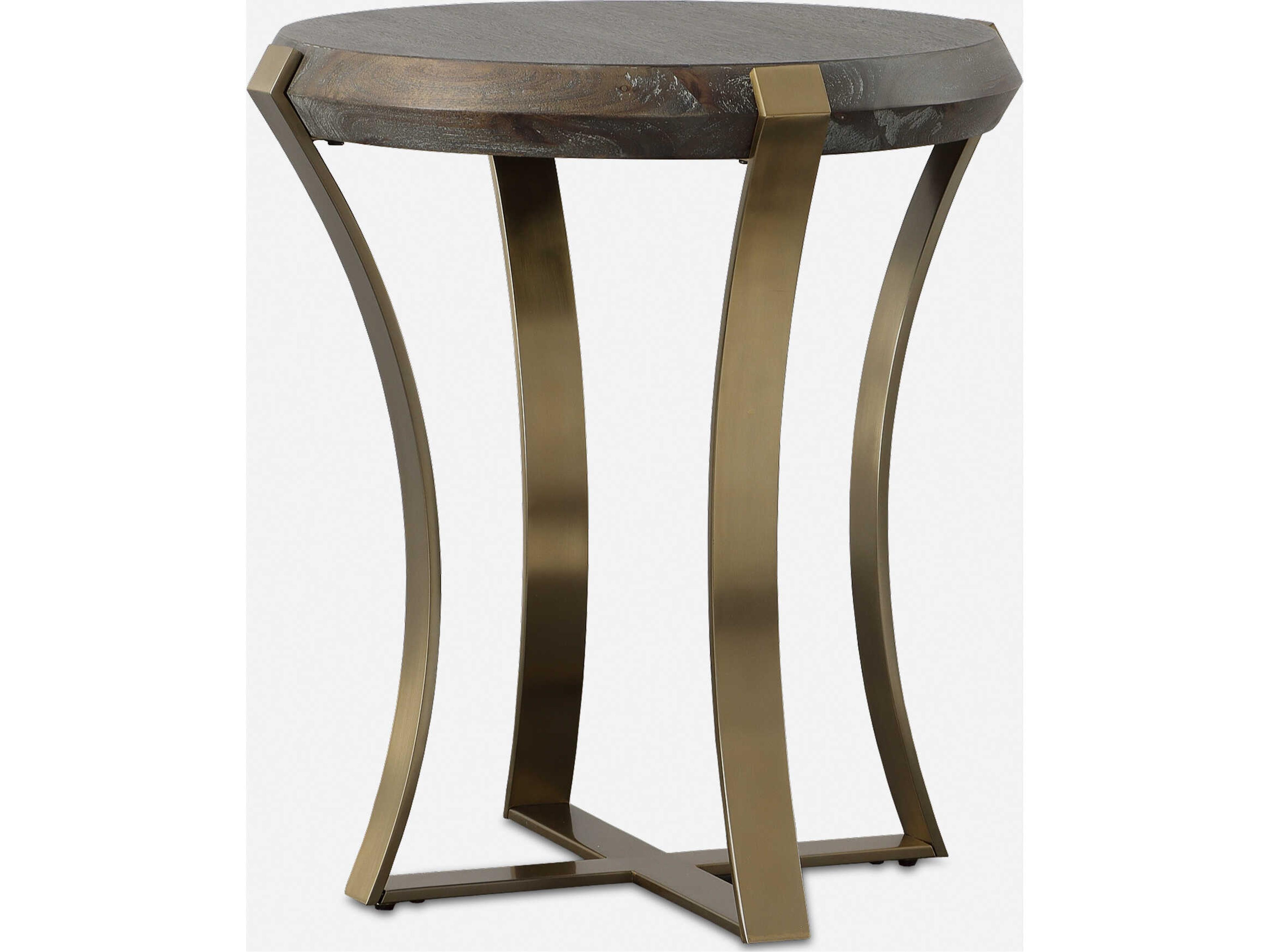 Uttermost Unite Round Wood Dark Walnut Stain Brushed Brass End Table