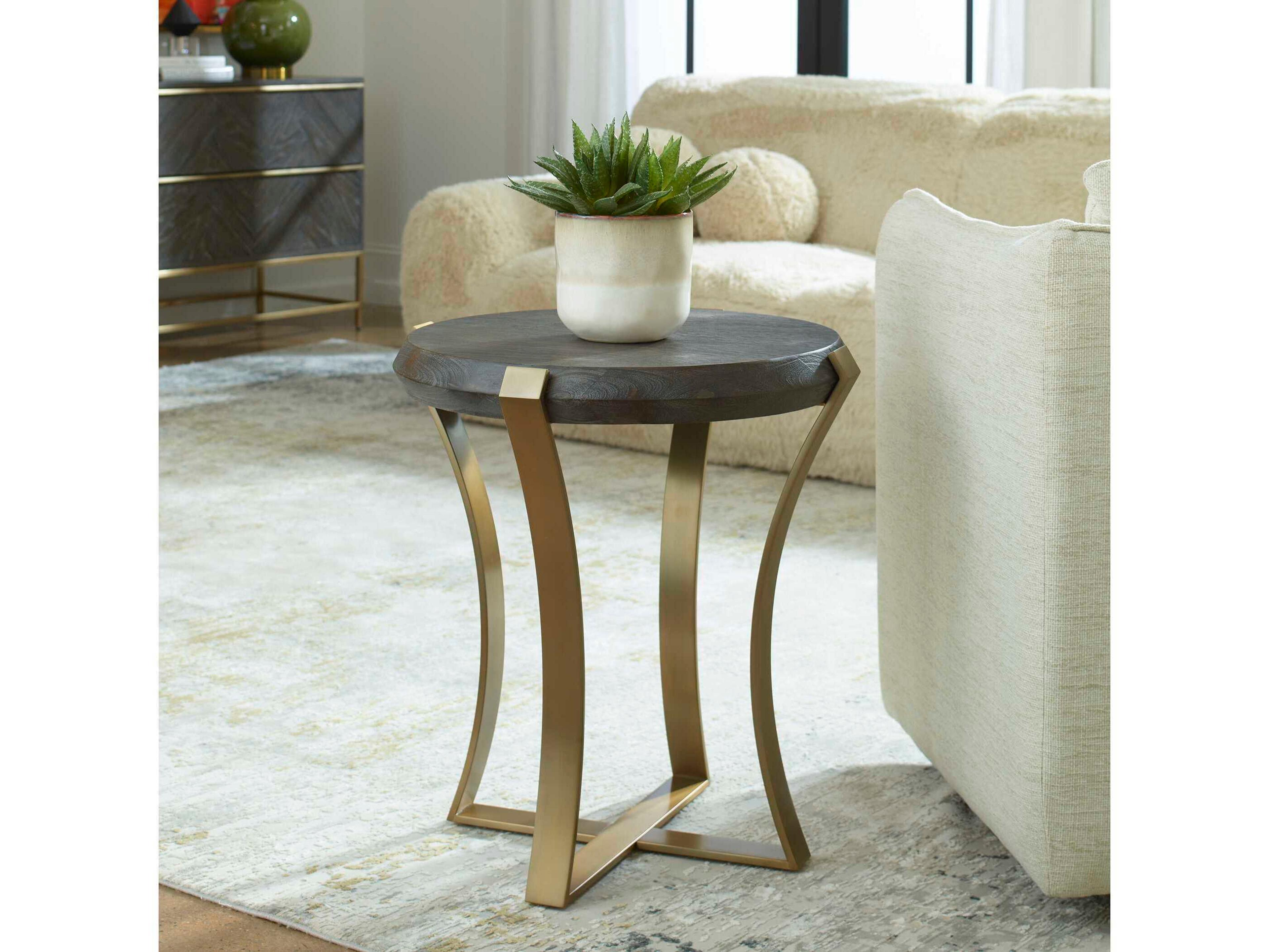 Uttermost Unite Round Wood Dark Walnut Stain Brushed Brass End Table