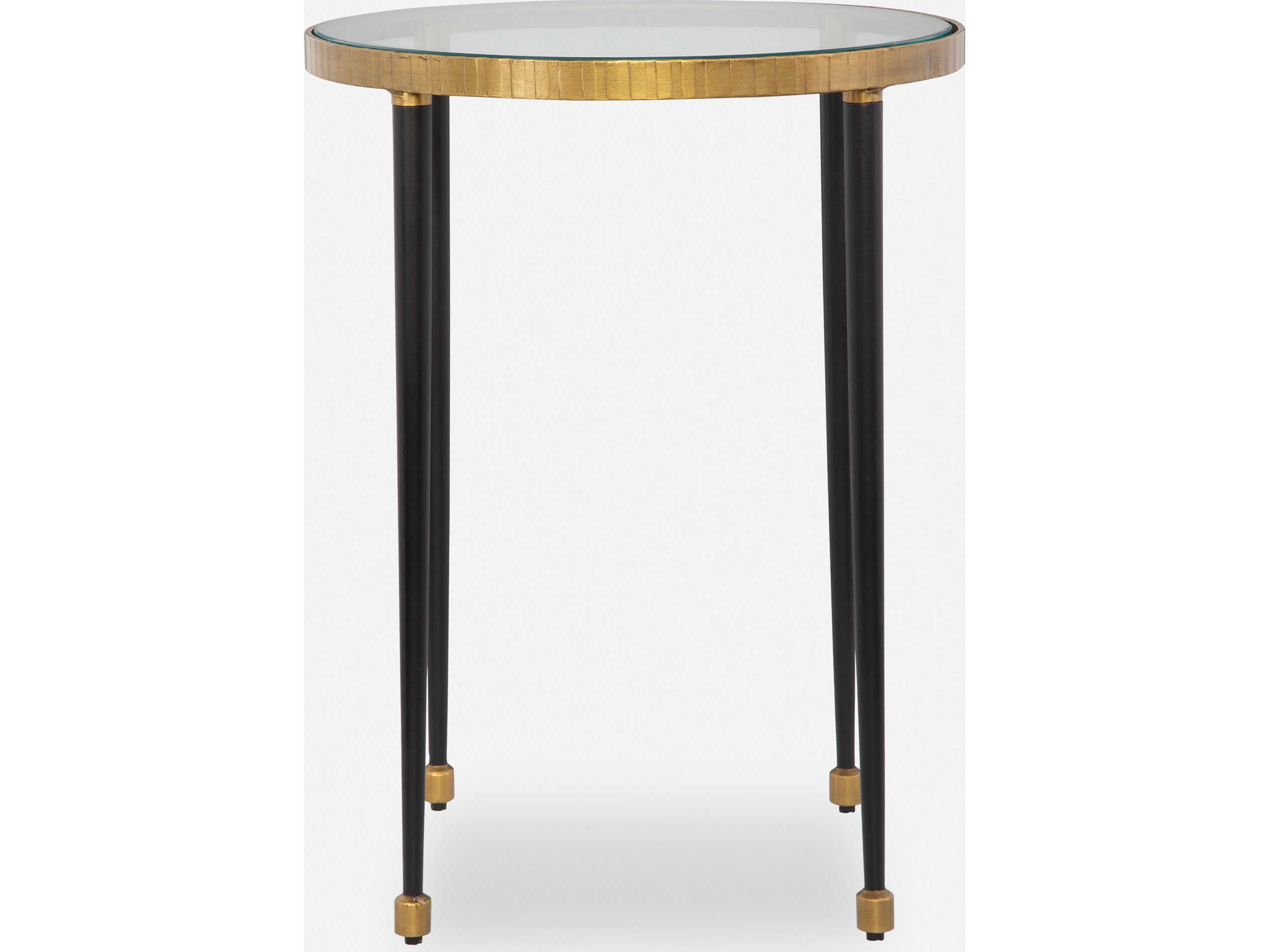 Stiletto Round Glass Antique Gold End Table