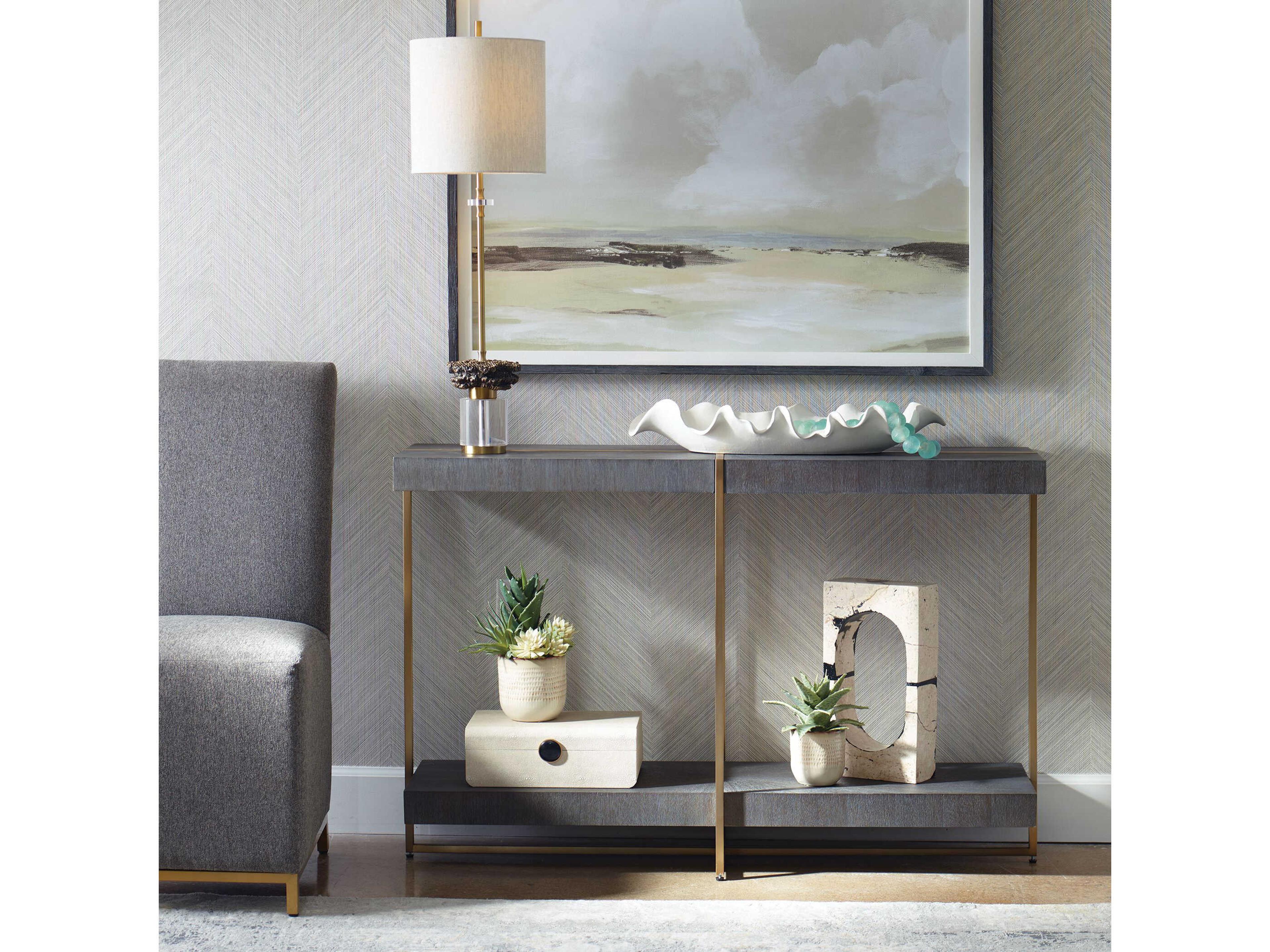 Uttermost Taja Rectangular Wood Brushed Brass Light Gray Console Table