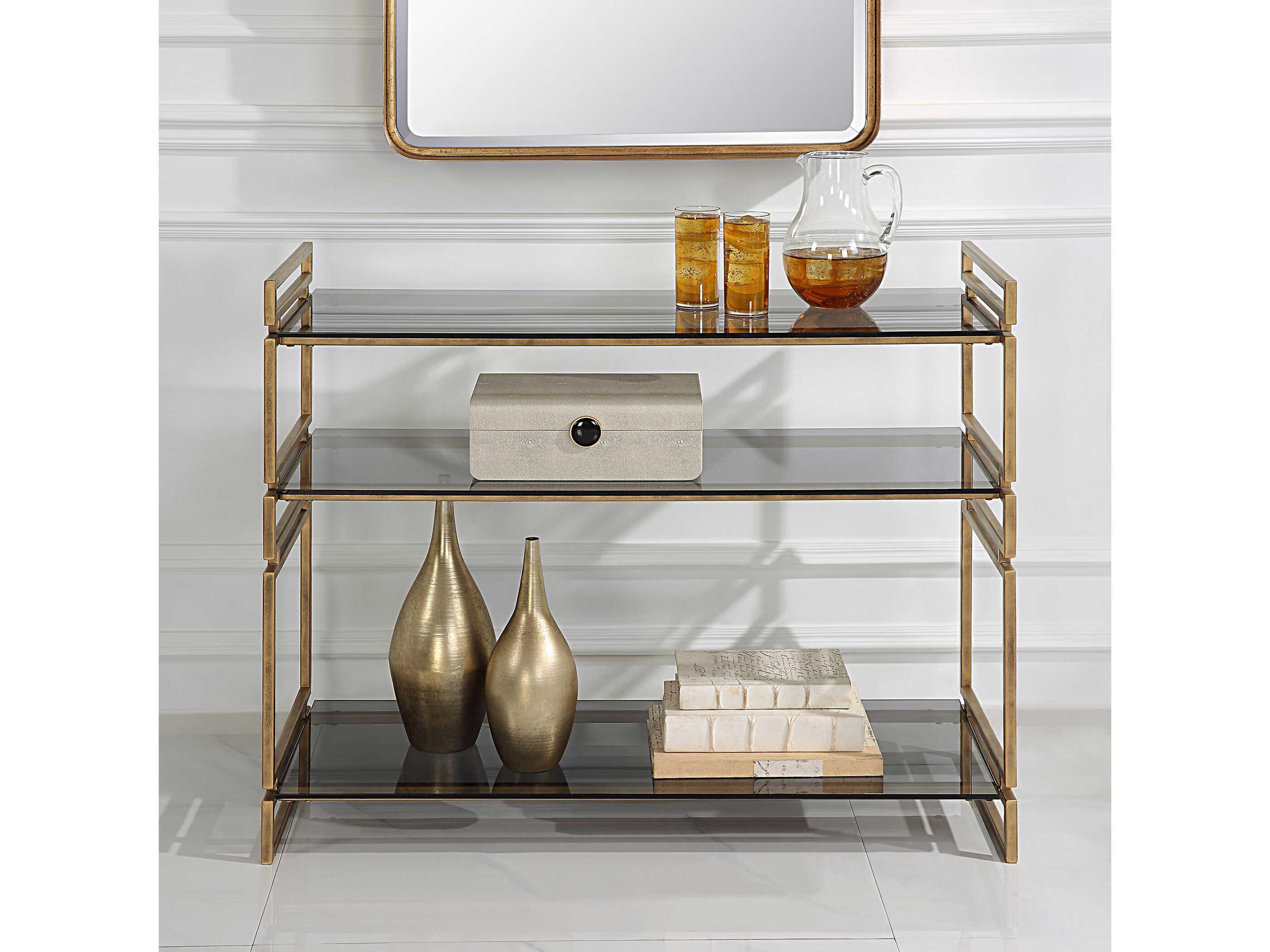 Uttermost Stacked Up Rectangular Glass Antique Gold Console Table