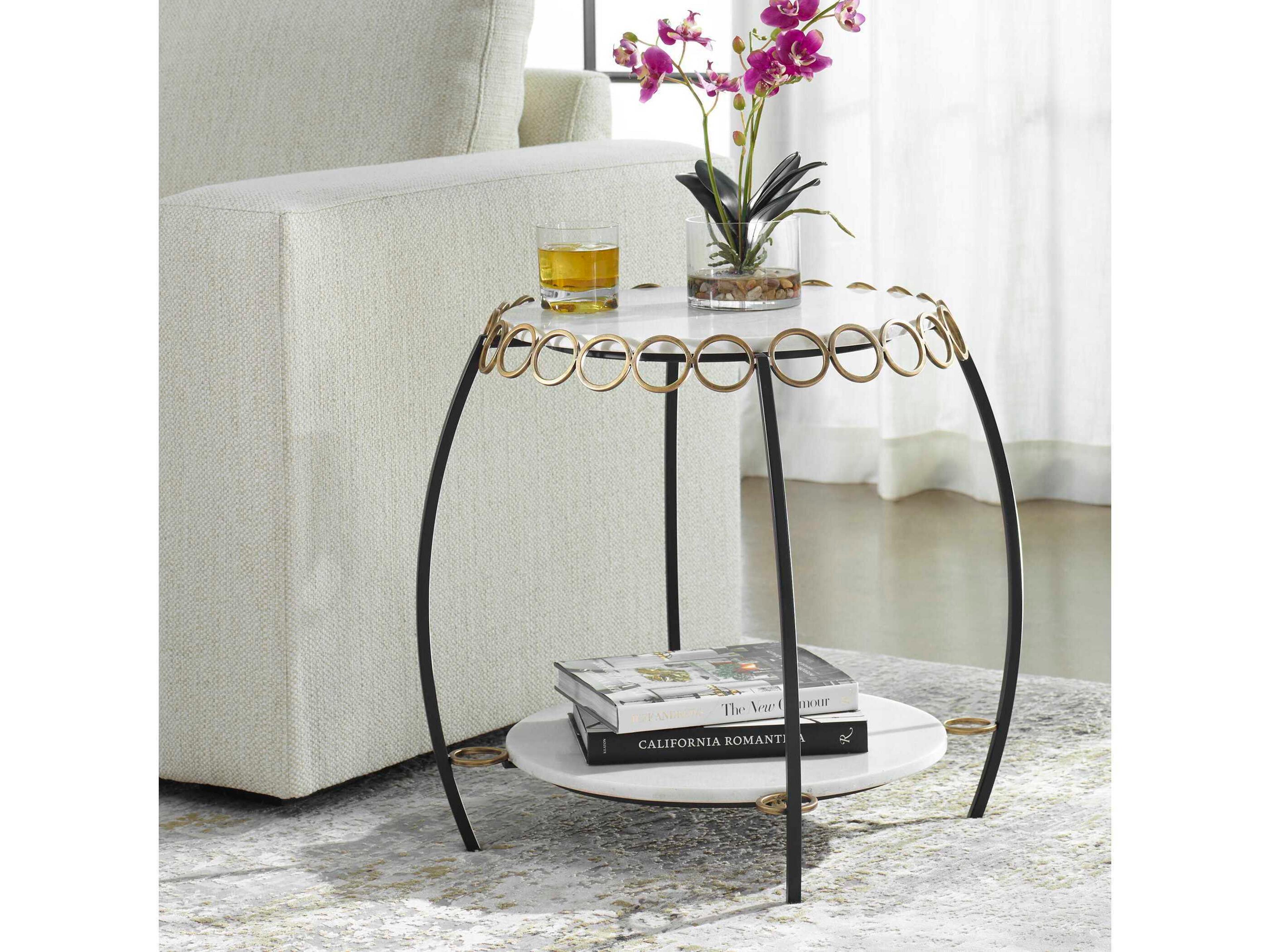 Uttermost Chainlink Round Marble Matte Black White End Table