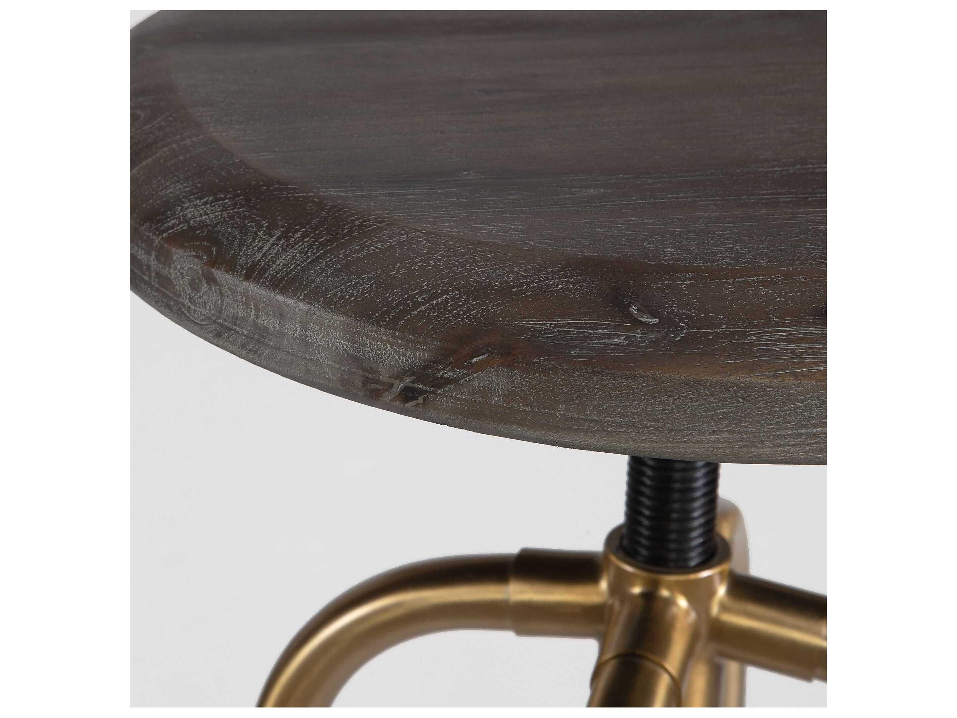 Uttermost Revolve Adjustable Acacia Wood Brushed Brass Counter Stool