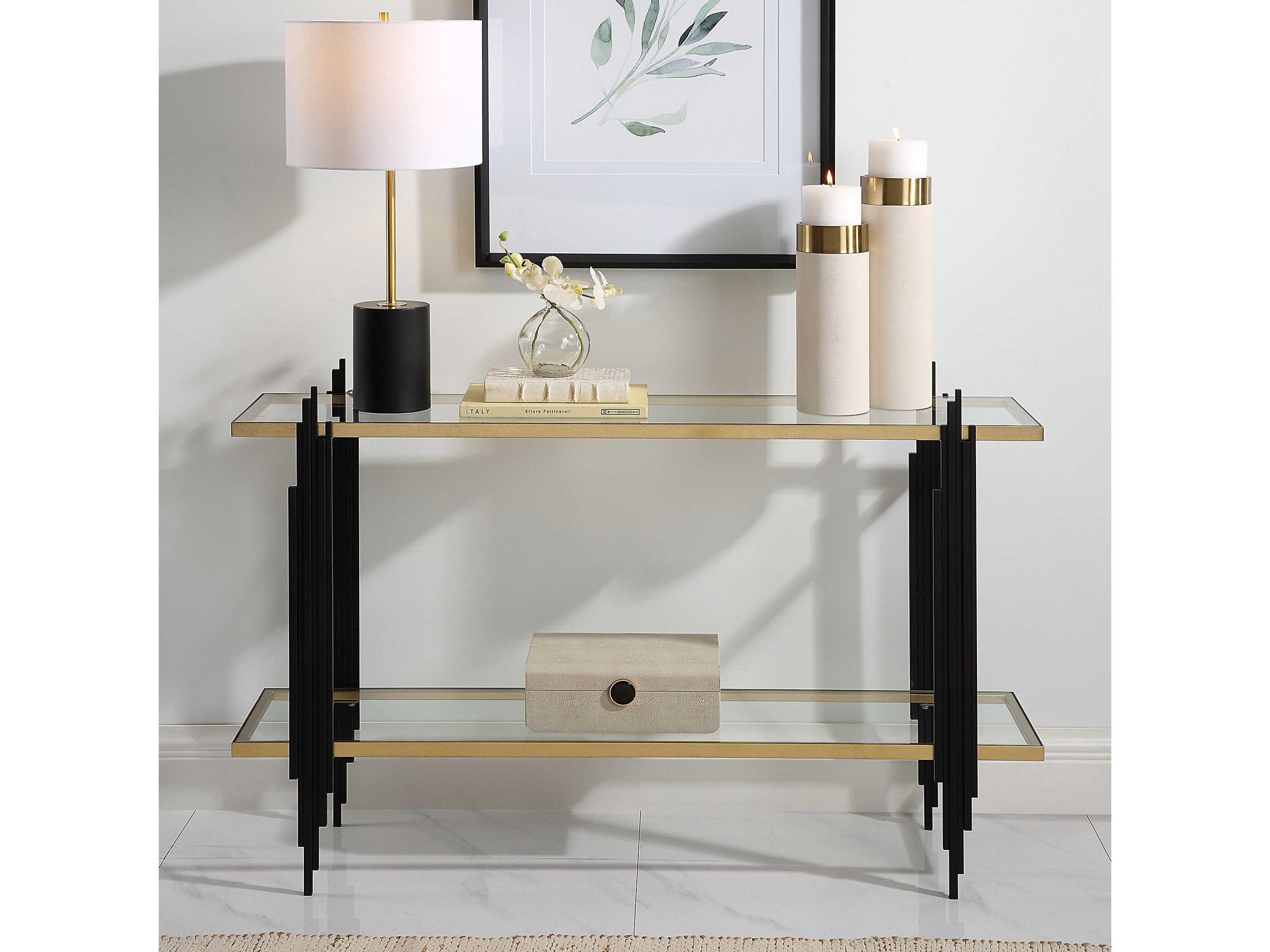 Uttermost Empire Rectangular Glass Matte Black Gold Leaf Console Table