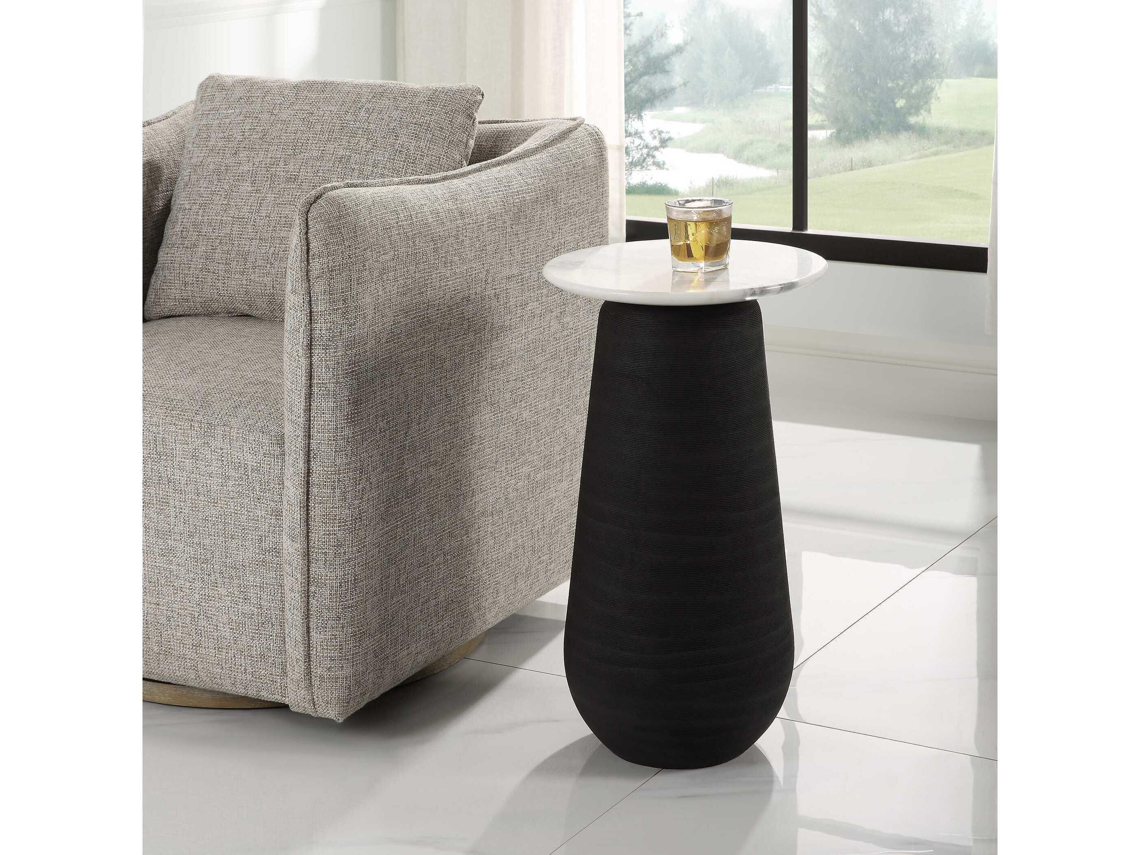 Uttermost Total Eclipse Round Marble White Matte Black End Table