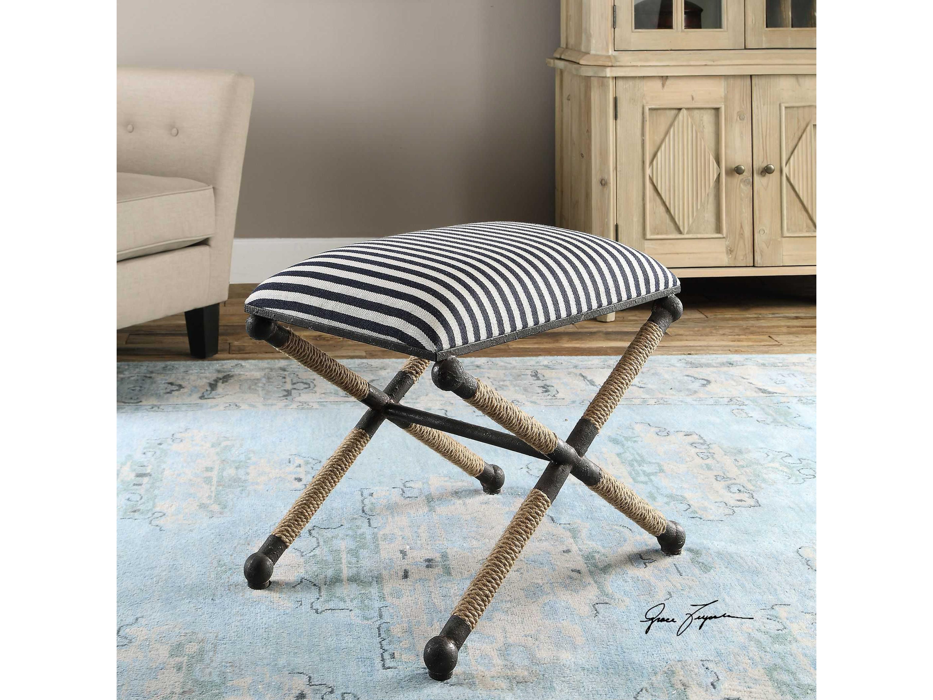 Uttermost Braddock Navy Cream Beige Upholstered Accent Stool