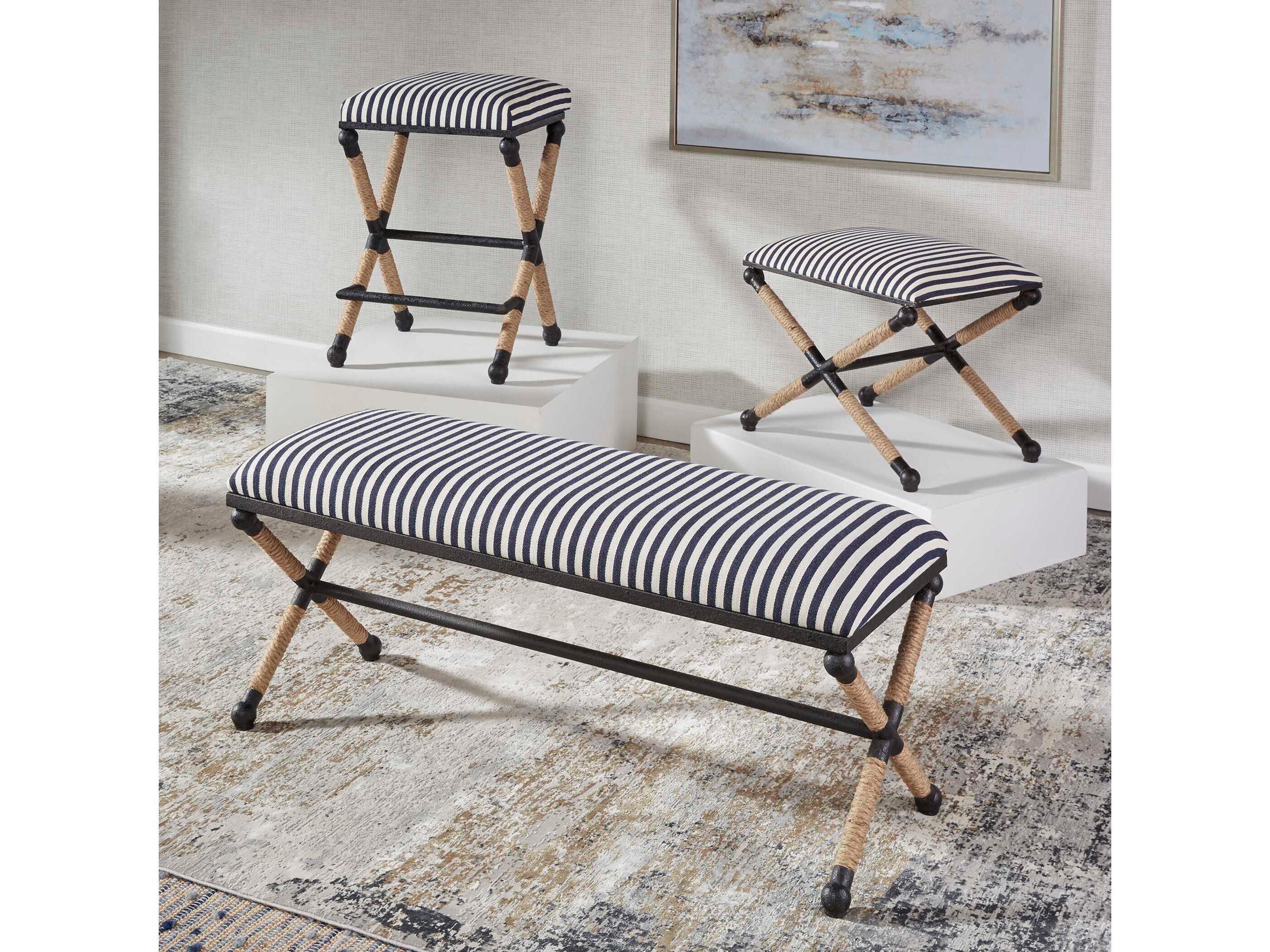 Uttermost Braddock Navy Cream Beige Upholstered Accent Stool