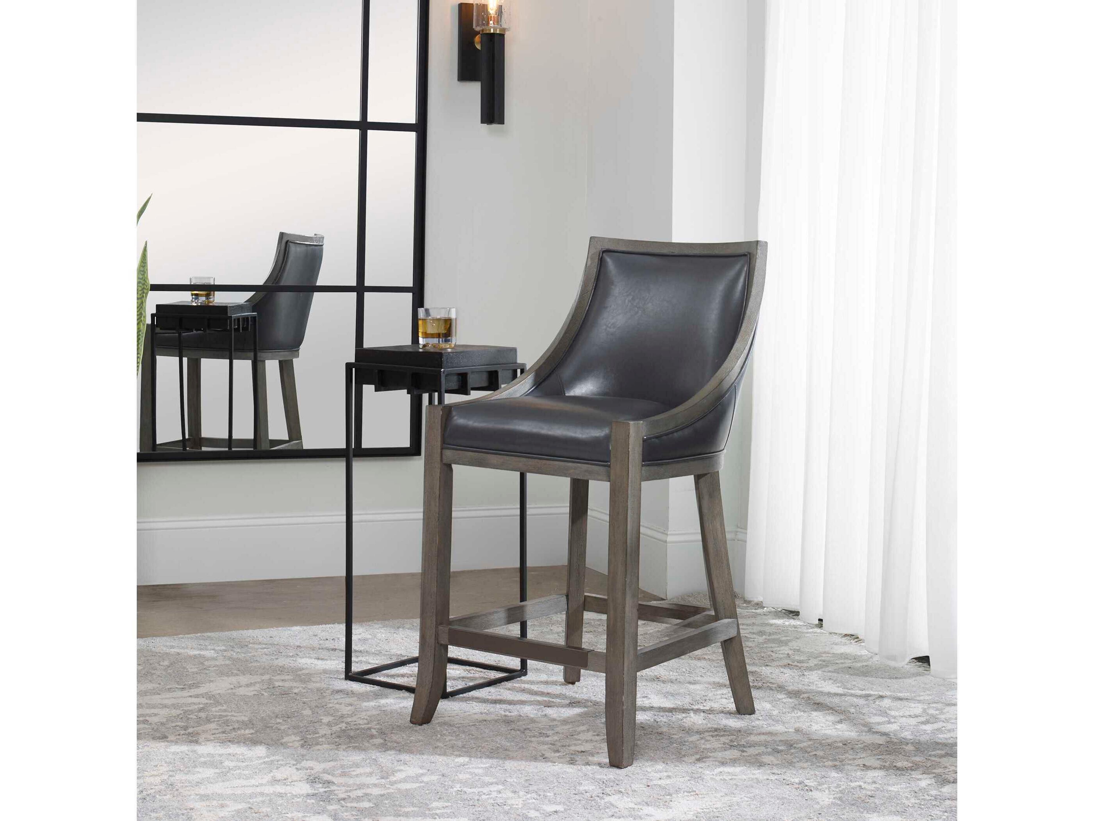 Uttermost Elowen Leather Ply Wood Steel Gray Counter Stool