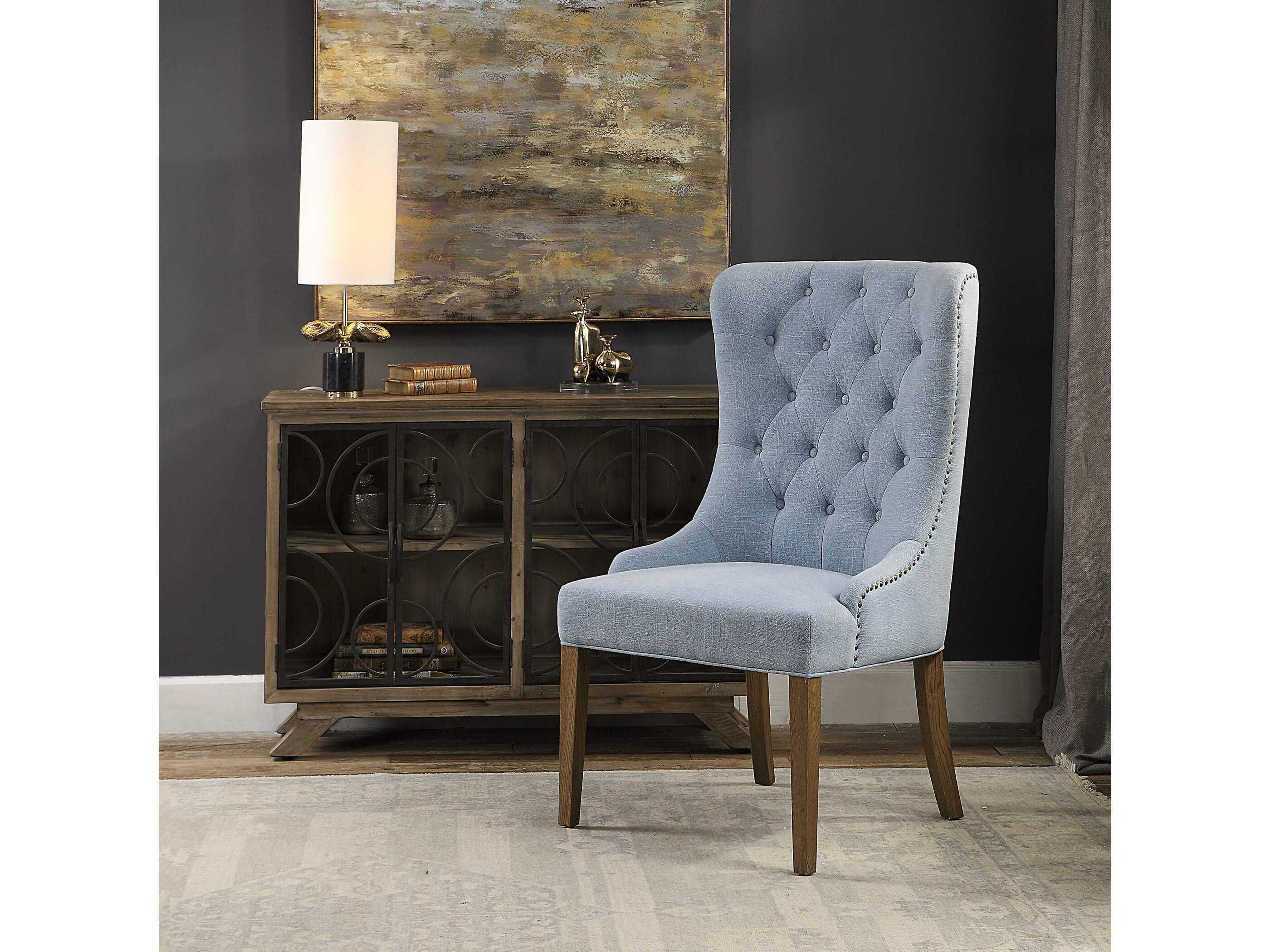 Uttermost Rioni Tufted Oak Wood Blue Upholstered Side Dining Chair
